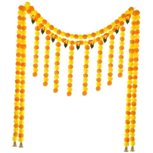 1 Set Artificial Marigold Flower Strands Tassel Garland for Diwali 5 Bell Style