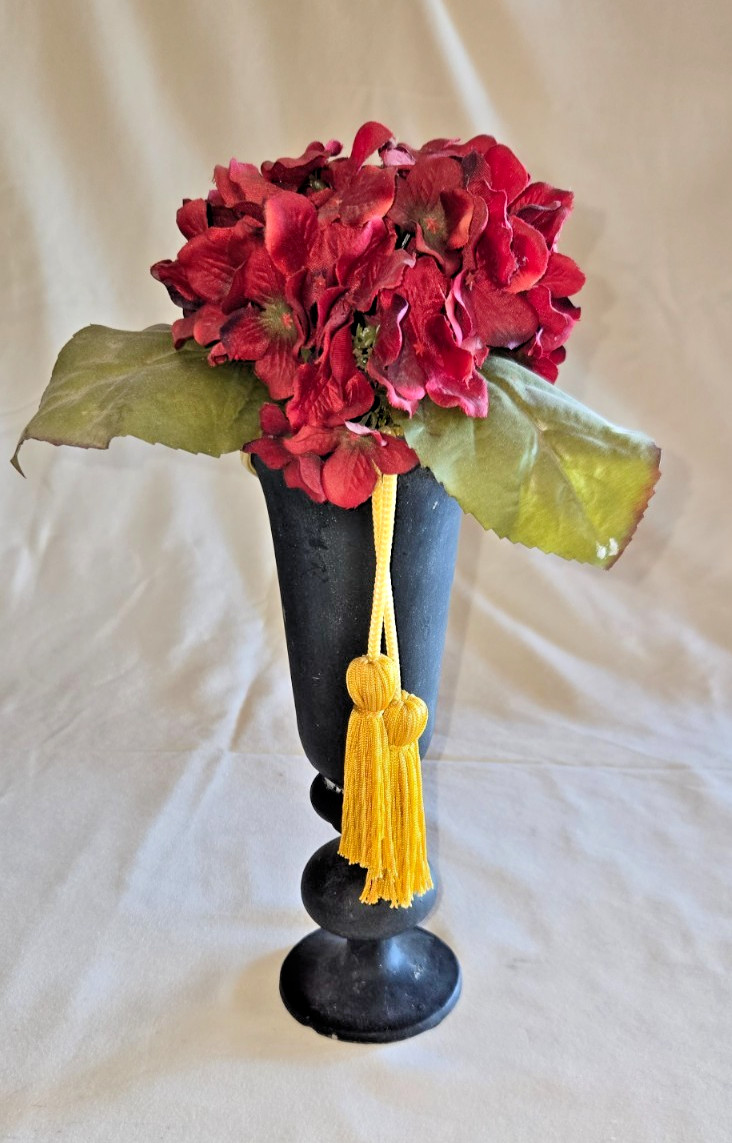 Artificial Decorative Deep Red Hydrangea, Slender Black Vase with Yellow Tassels