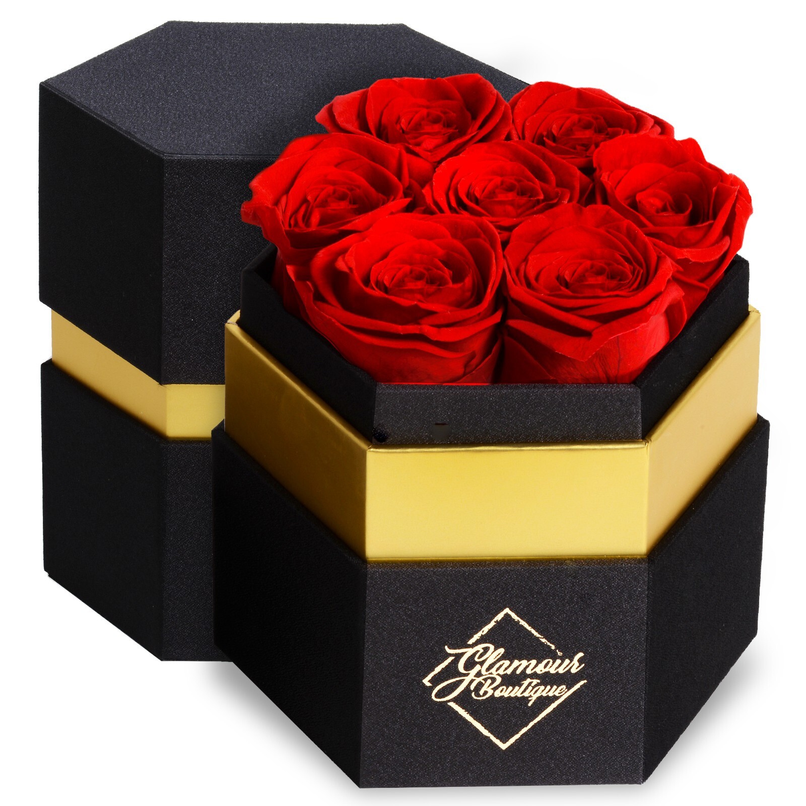 Glamour Boutique Hexagon 7-Piece Forever Real Rose – Preserved Roses in a Box