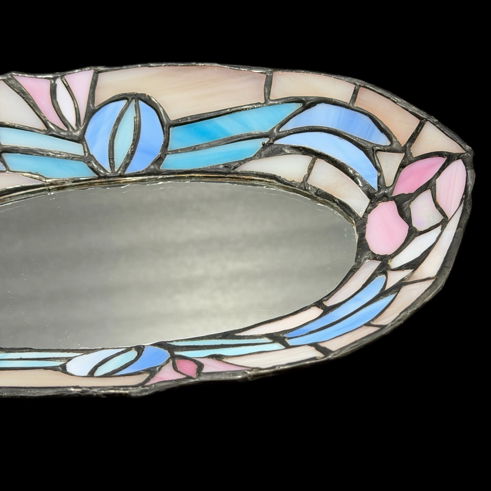 Pastel Stained Glass Style Vanity Mirror Tray Jewelry Dish Art Deco Decor