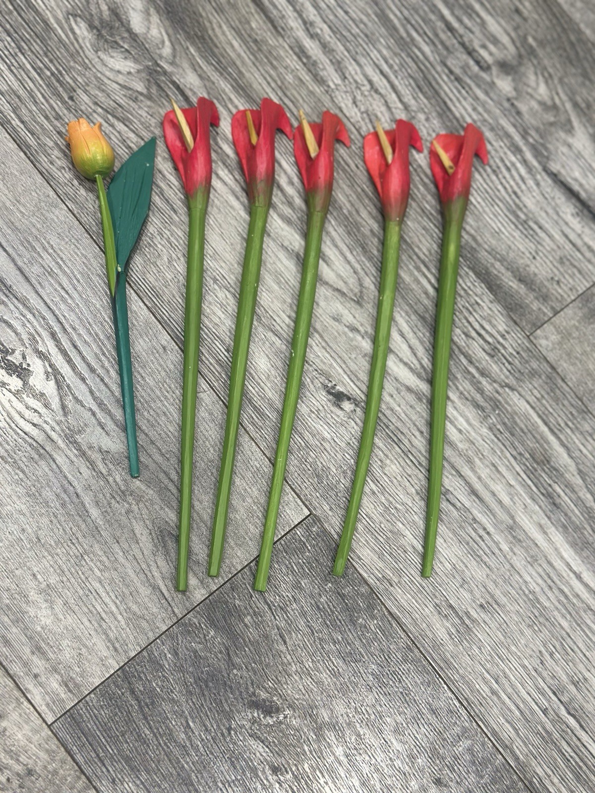 Wood Flowers Long Stem 9”- 31” floral arrangement Rose Tulip Lily Home Decor Lot