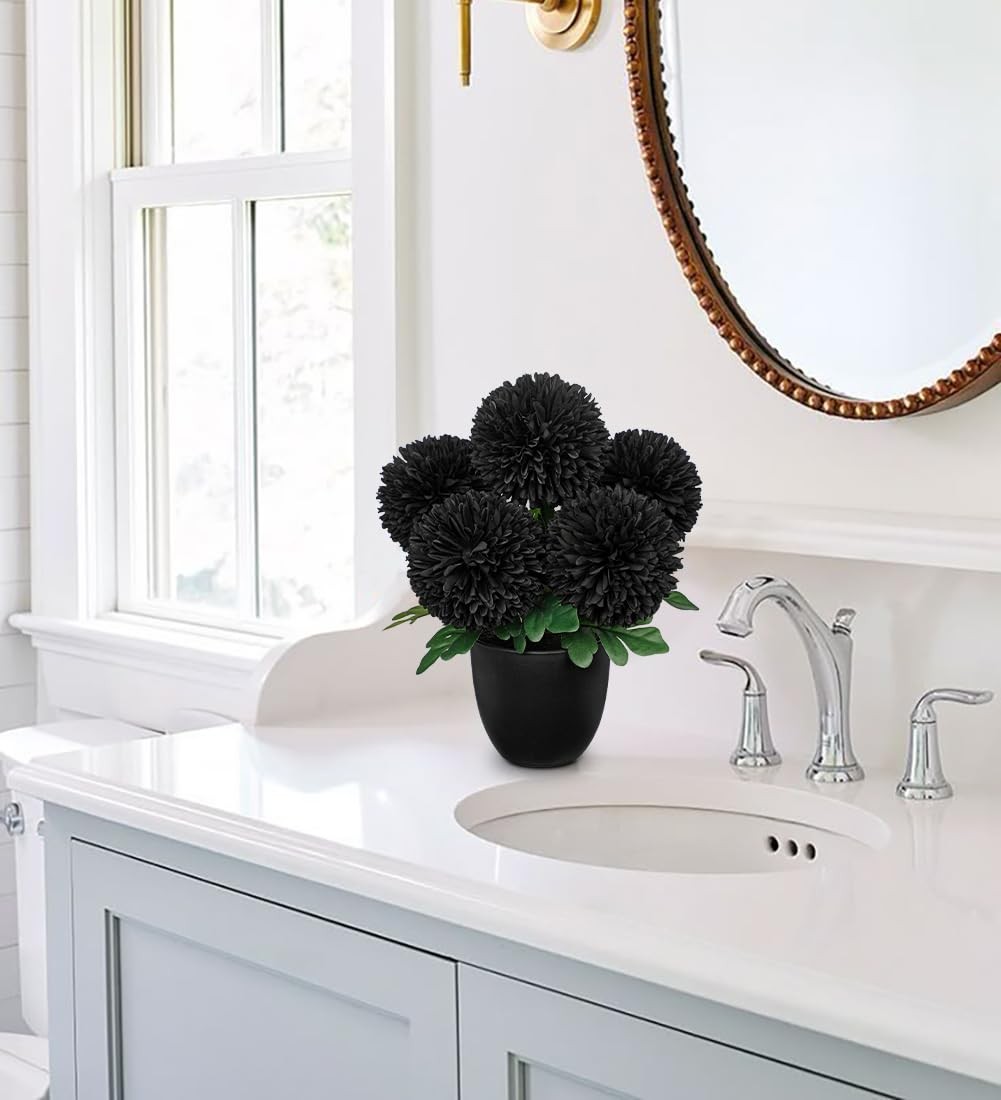 Briful Black Artificial Mums – Realistic Silk Fall Chrysanthemums in Black Po…