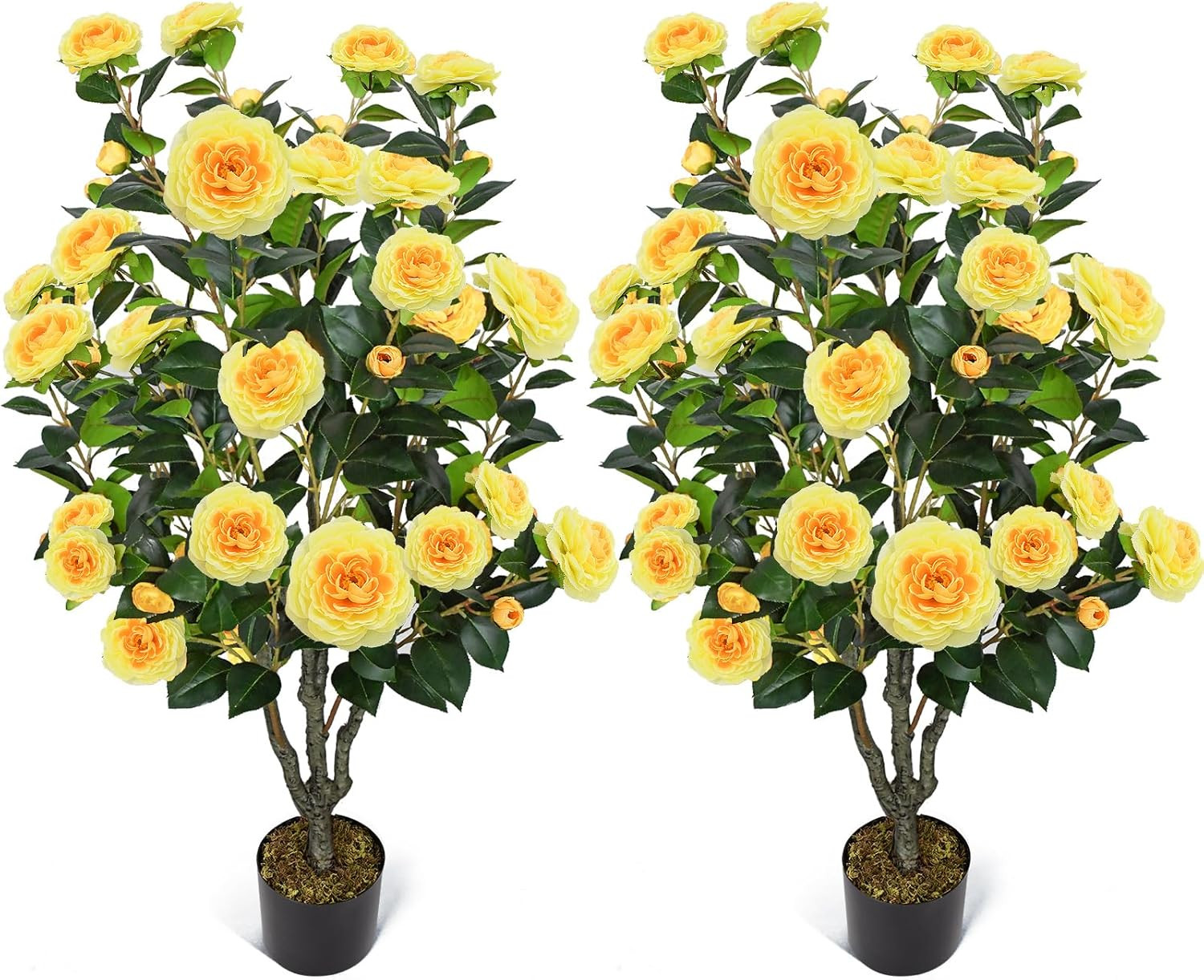 42″ Yellow Artificial Camellia Tree – 2 Pcs Faux Plant for Home & Outdoor Decor