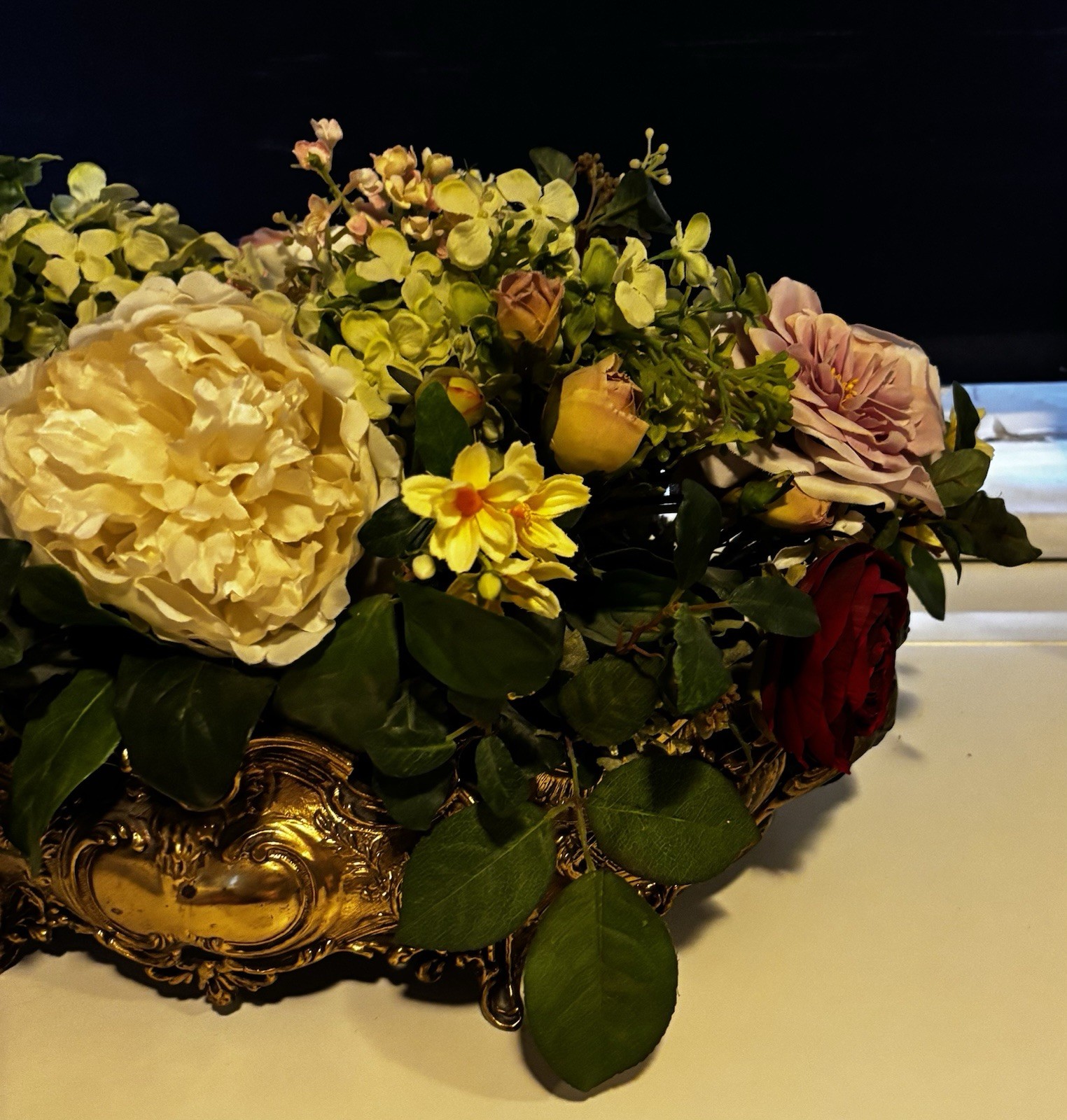 Large Elegant PINKS Flower Arrangement In Antique Brass Victorian Centerpiece