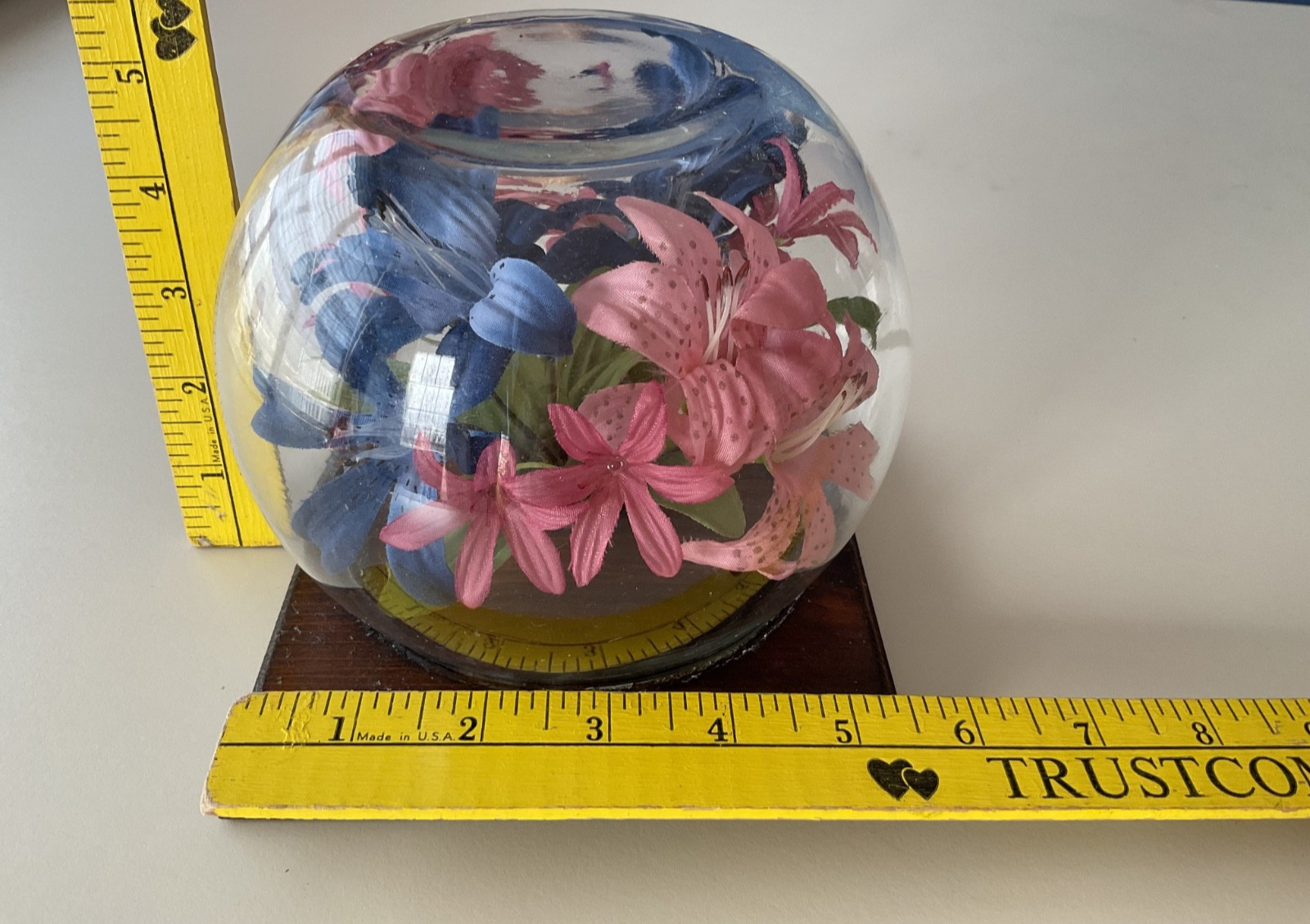 Faux Flowers Clear Dome Cover Wood Base Centerpiece Decor Blue/Pink Floral