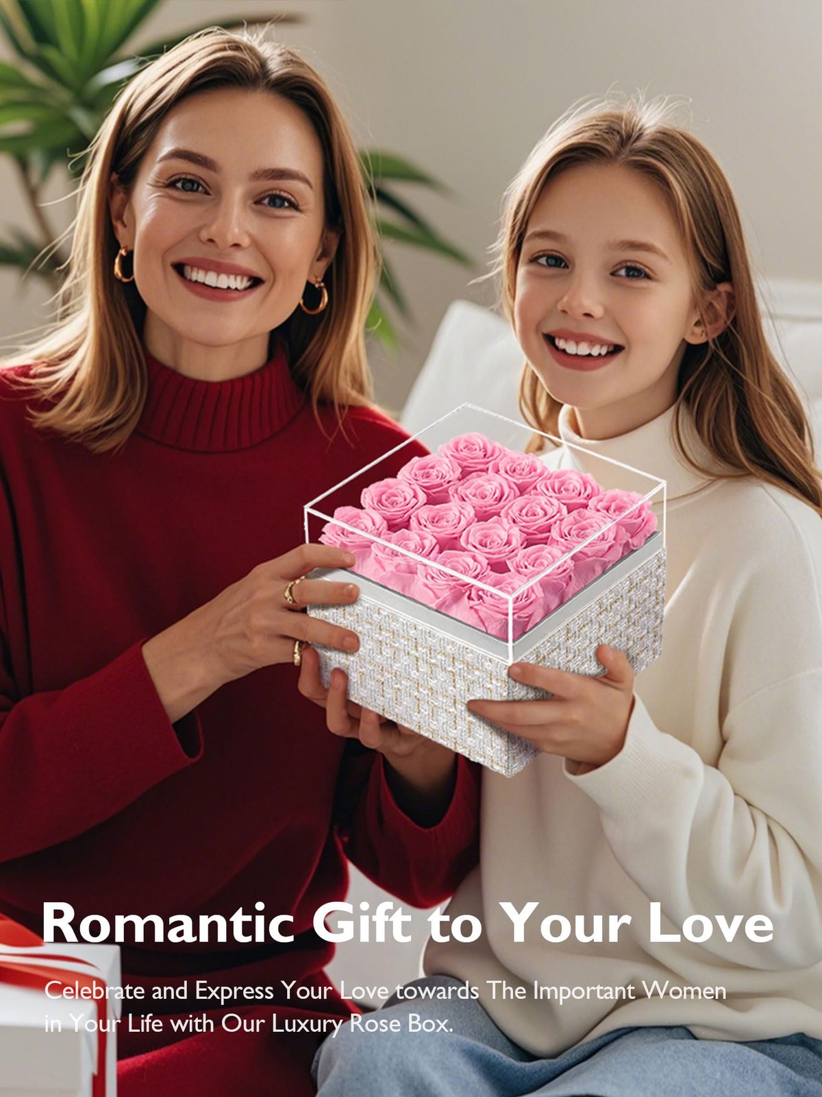 16 PCS Pink Preserved Real Roses Square Gold White Plaid Box Forever Flowers