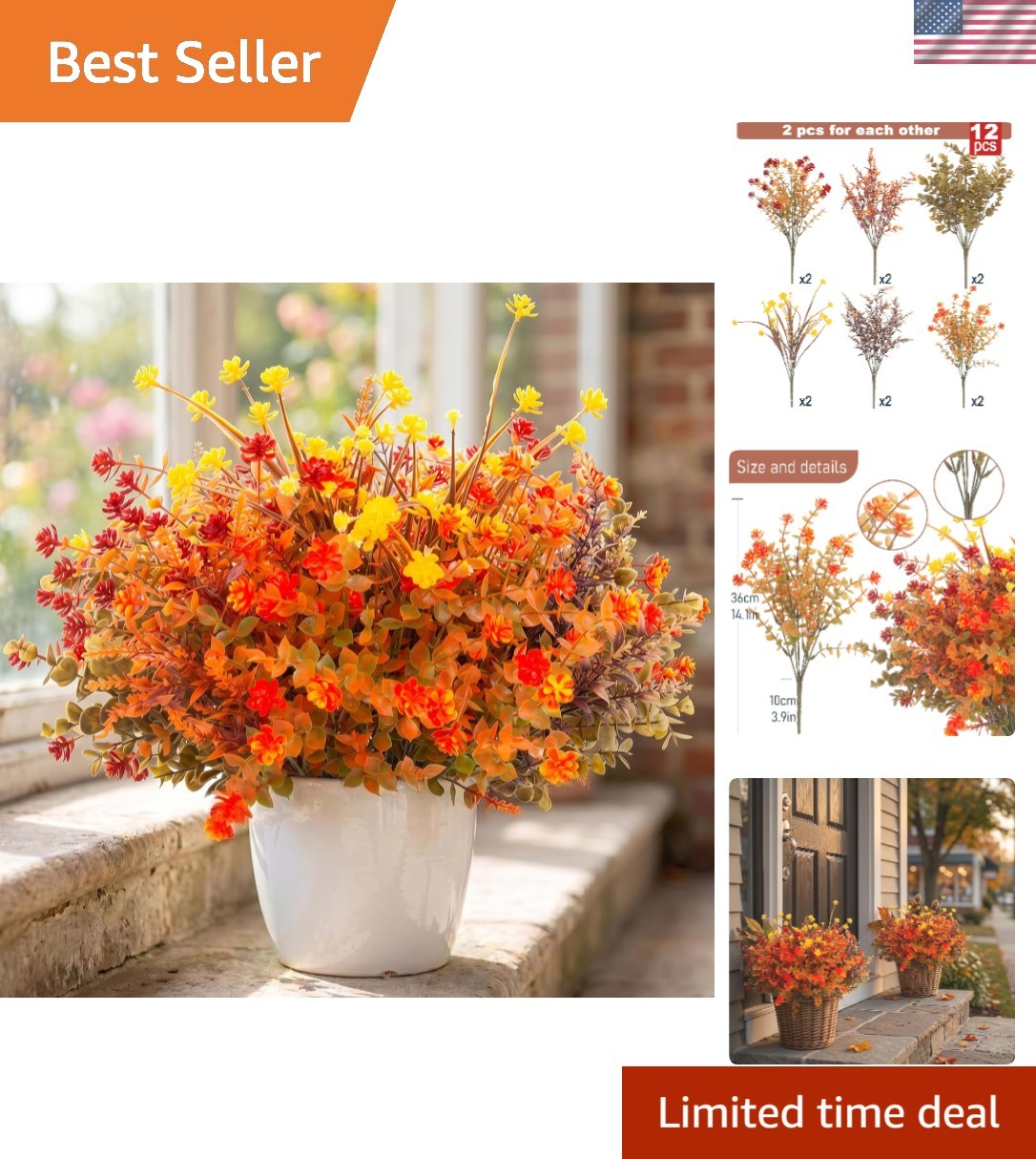 12 Pcs UV Resistant Artificial Fall Flowers – Vibrant Orange Outdoor Decor