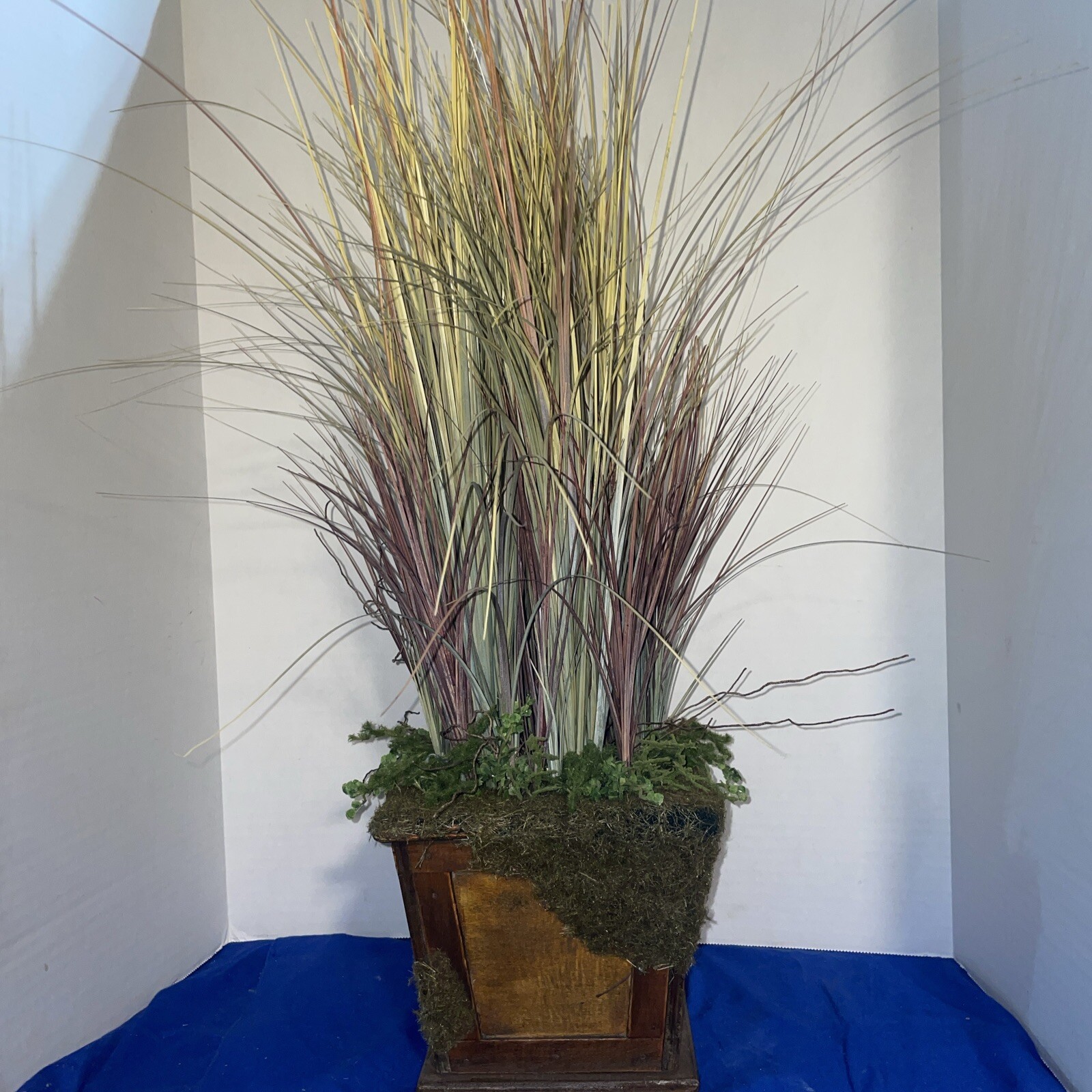 24″ Grass in Multiple Colors In Handcrafted Wood &Wicker Pot W/Moss- Estate Find