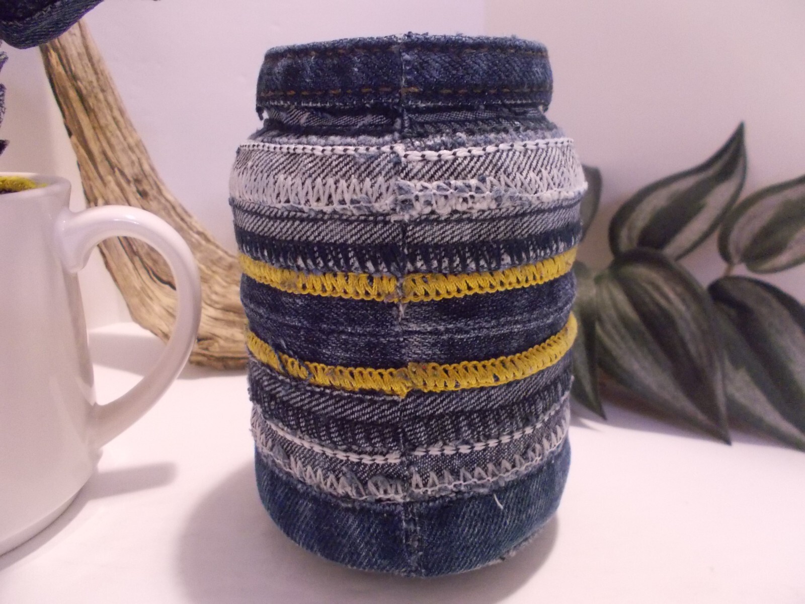 Southpaw Comics Coffee Mug w Handmade Denim Roses and Denim Seams Jar Vase
