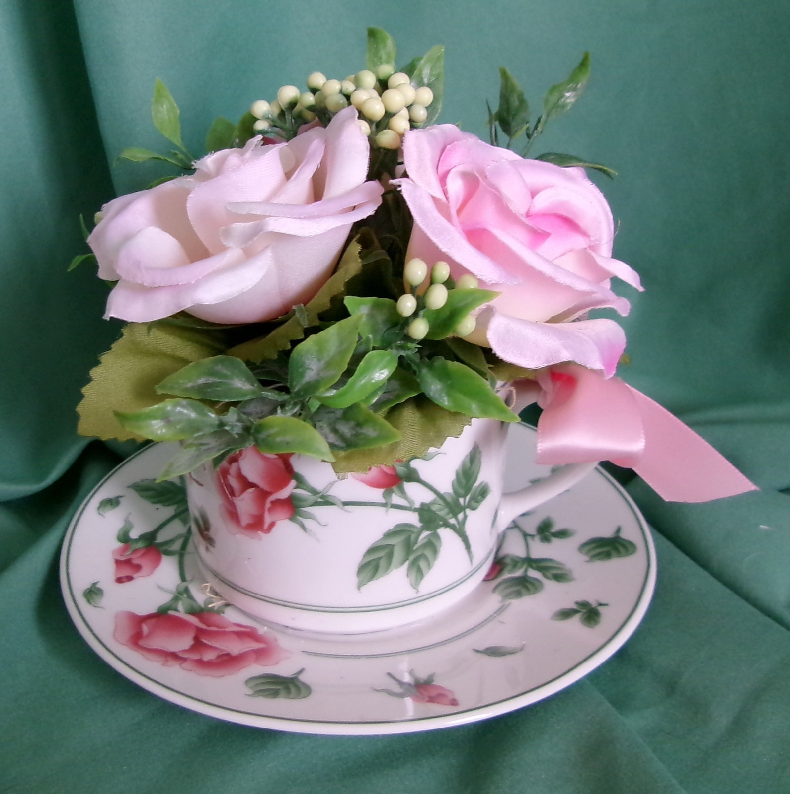 Floral Arrangement Vintage Cup Saucer Pink Silk Rose Home Decoration Accent New