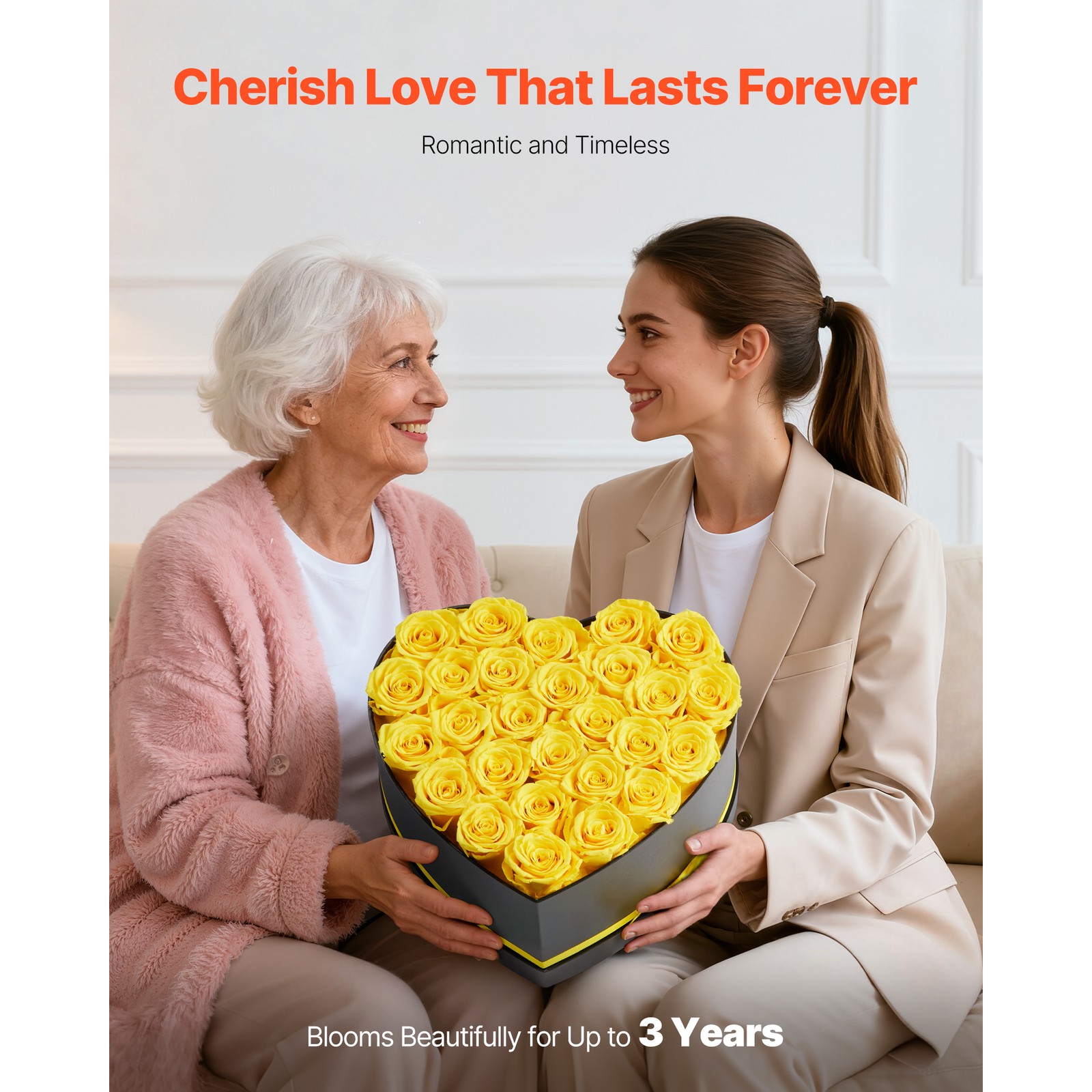 Uimoso 27 Preserved Roses in Heart-Shaped Box – Eternal Yellow Bouquet