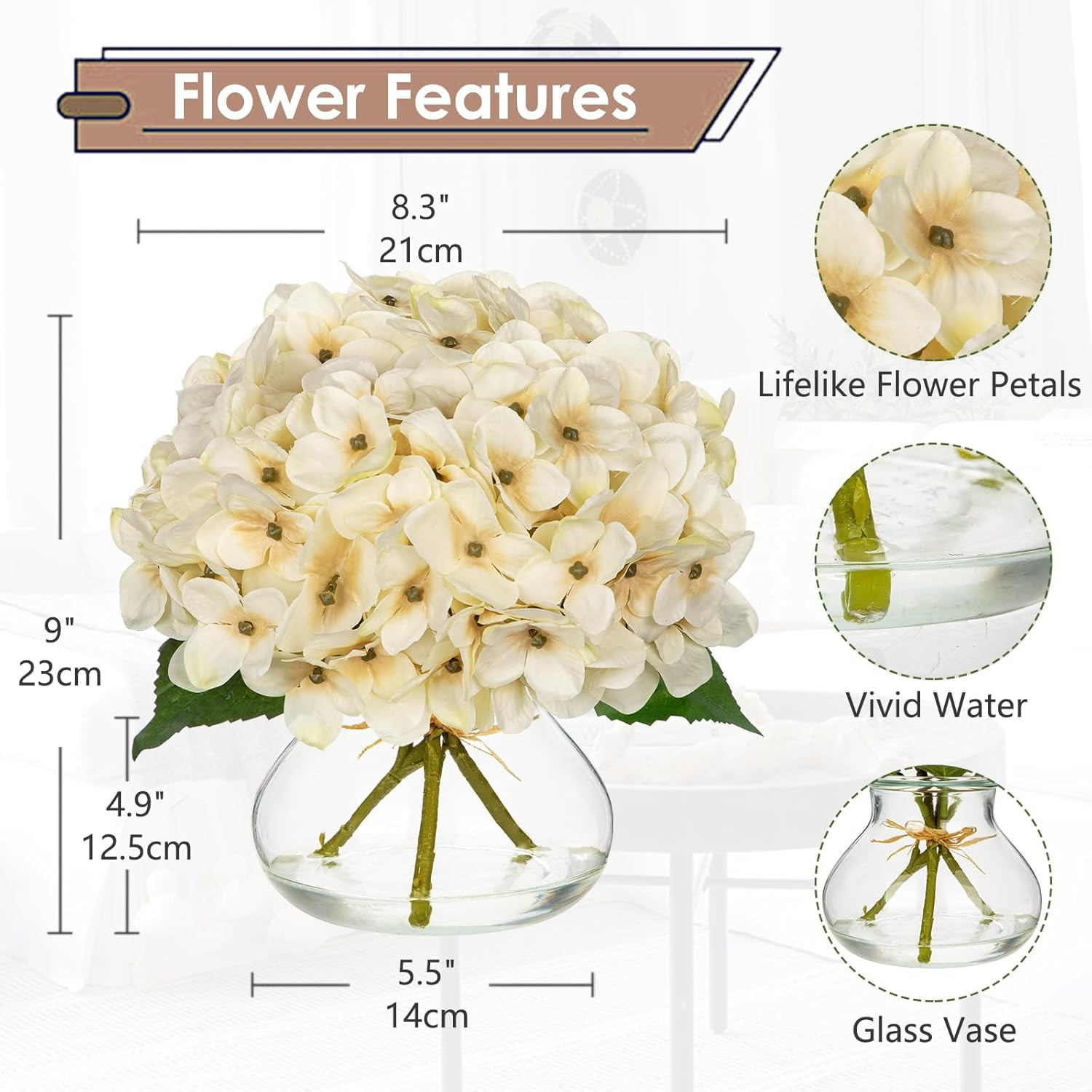 Fall Hydrangea Artificial Flowers for Decoration with Glass Vase White Silk Fake
