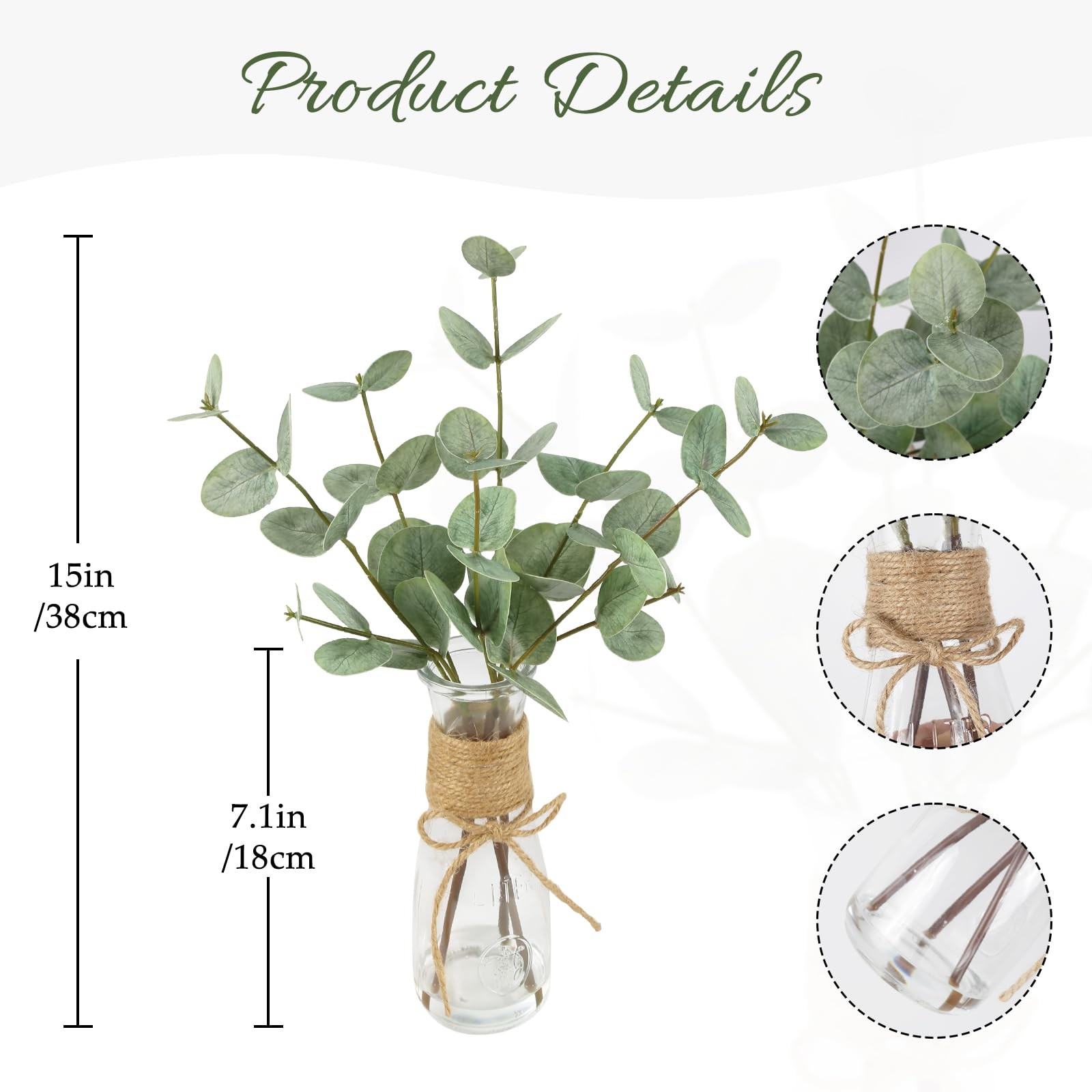 Artificial Eucalyptus Stems in Glass Vase with Faux Water, 15’’ Fake Plant Do…