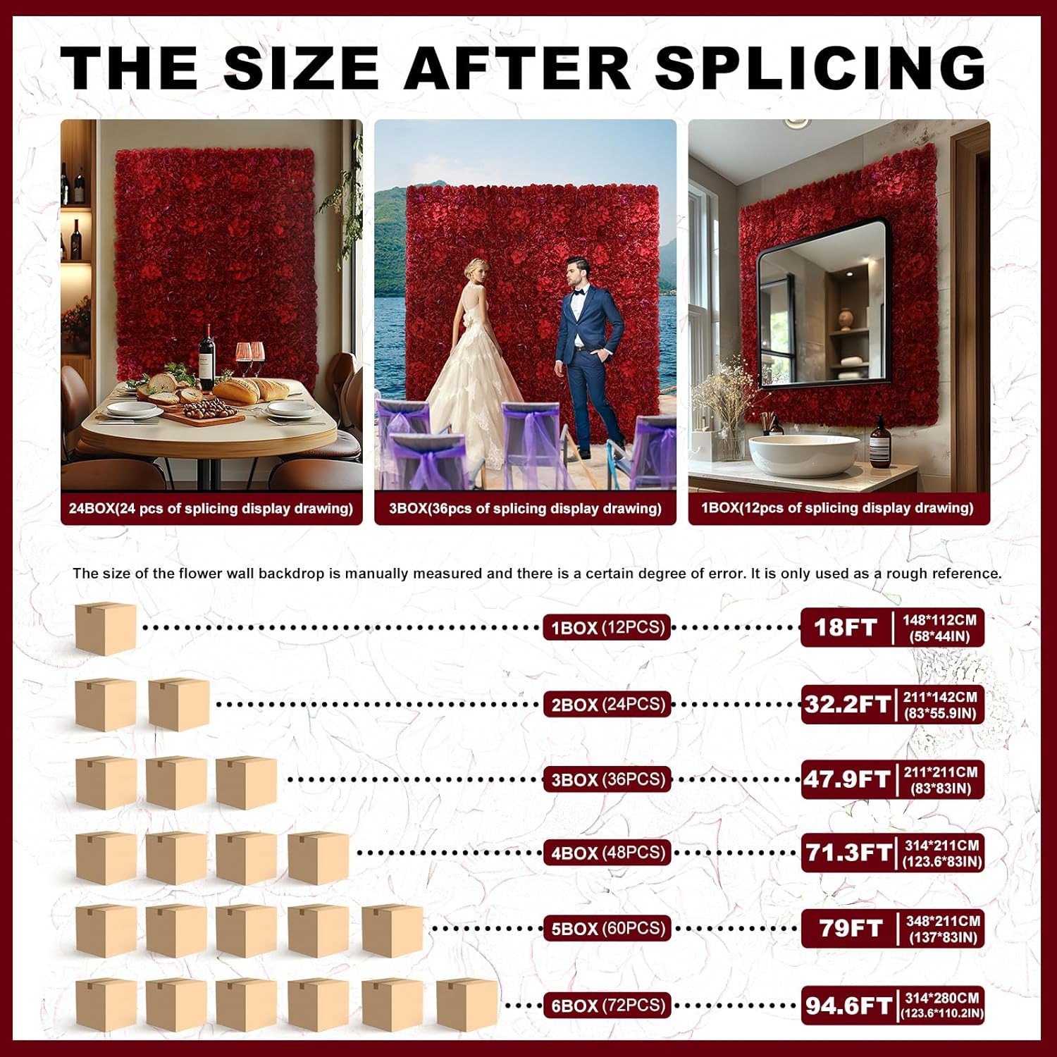Maroon Flower Wall Panel Set – 12 Pcs Silk Rose Backdrop for Events & Home Decor
