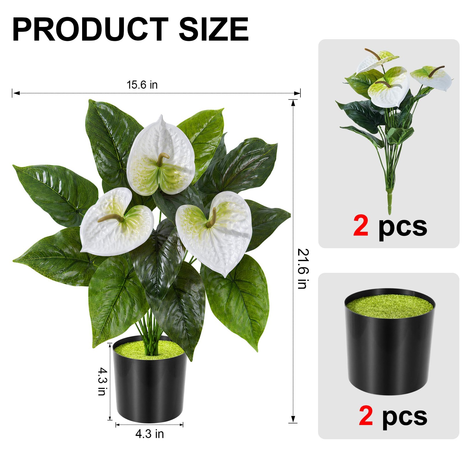 2 Pack Anthurium Artificial Flowers Plants with Pots for Indoor Outdoor Decor…