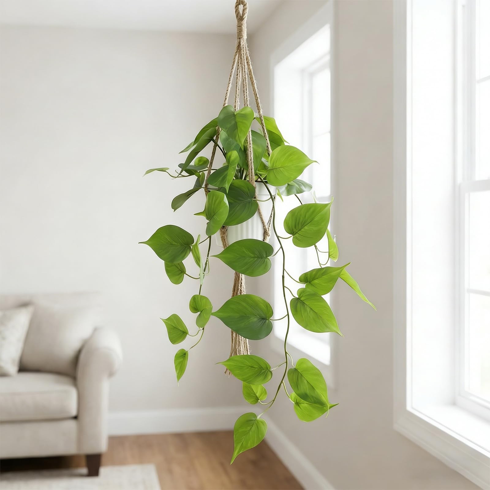 Fake Pothos Hanging Plant – Artificial Plastic Ivy Vines with White Pot, Real…