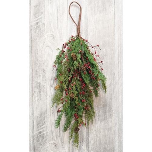 New Primitive Farmhouse Christmas CEDAR PINE RED BERRY TEARDROP SWAG Wreath 27″
