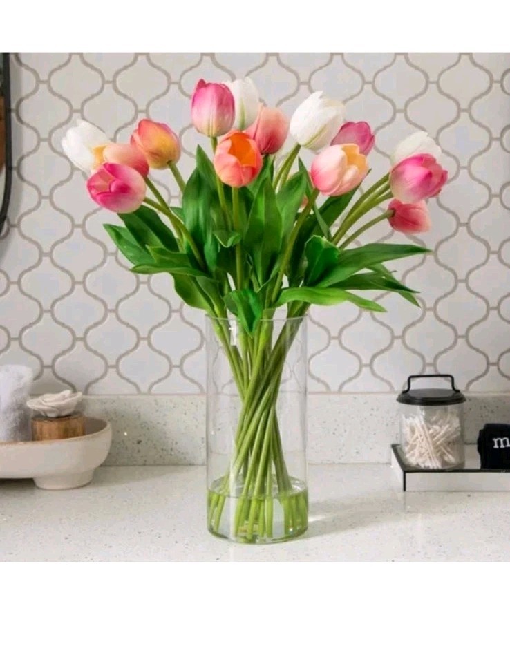 TULIPS FAKE ARTIFICIAL FLOWER FLORAL ARRANGEMENT SILK FLOWERS CERAMIC VASE NEW