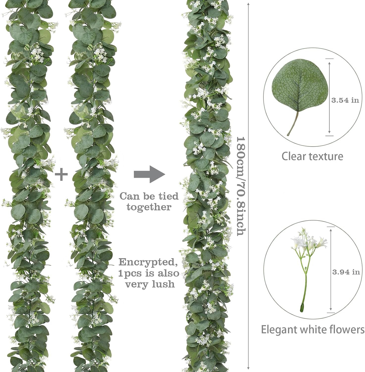Eucalyptus Garland with White Flowers, 4 Packs 5.9Ft Artificial Silver Dollar Eu