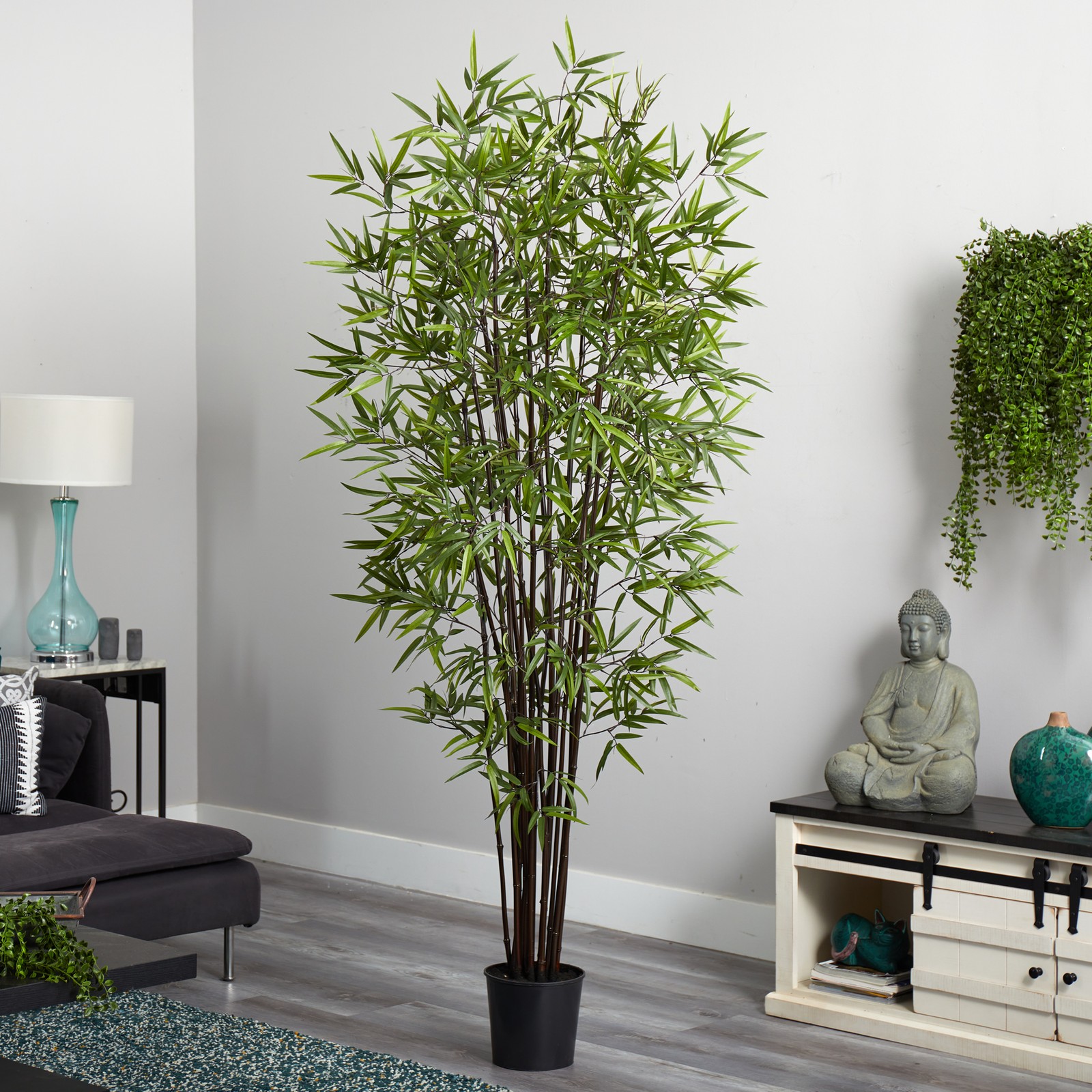 Nearly Natural 6.5ft Black Bamboo Silk Tree in Green