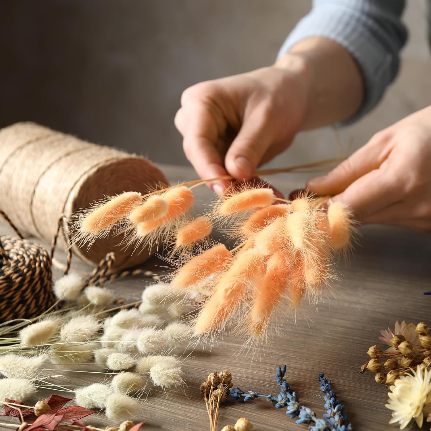 15.7In Bunny Tails Dried Flowers, 80Pcs Pampas Grass Decor Rabbit Tail Natural P