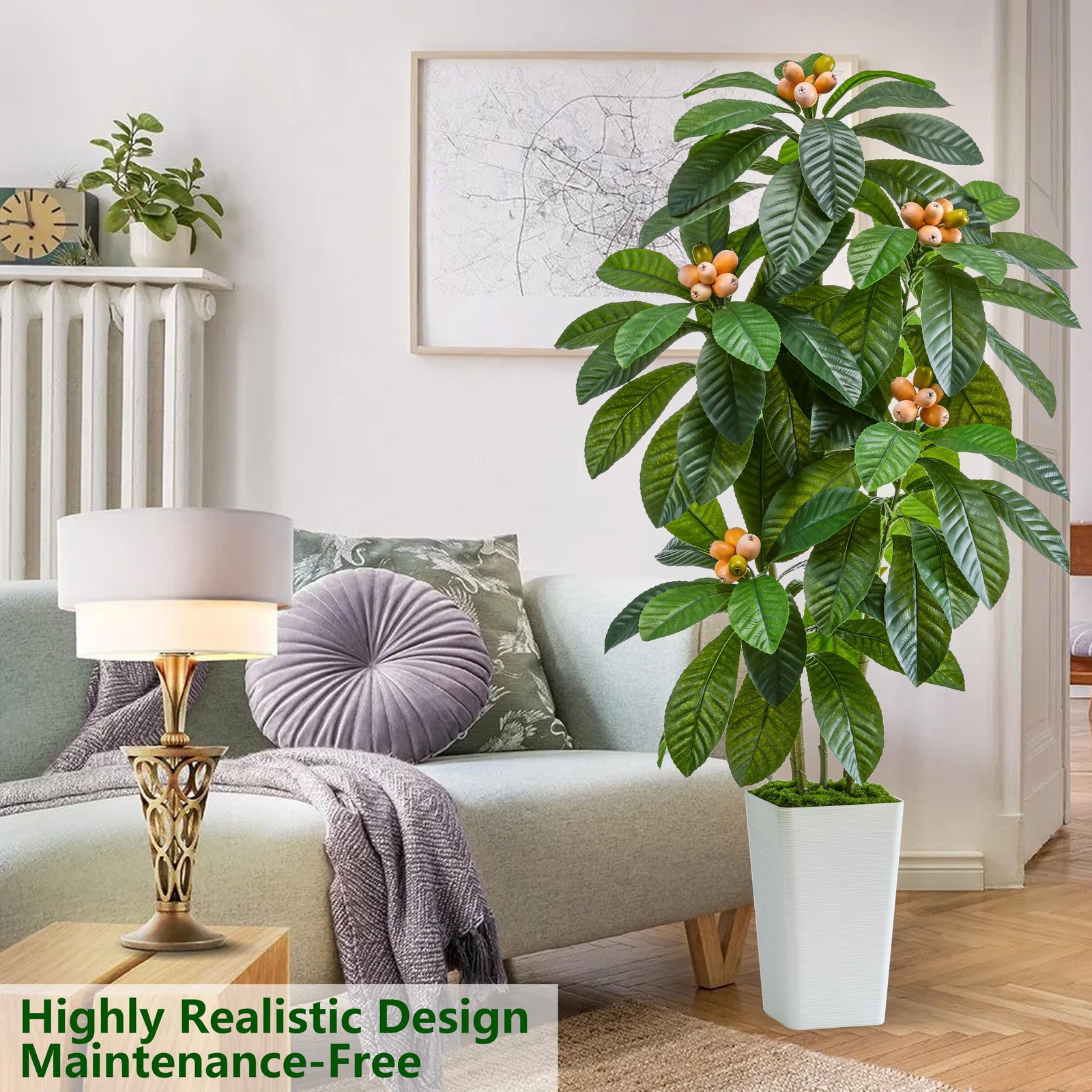 TXABL Artificial Fruit Tree 5FT, Fake Loquat Tree Indoor White Tall Planter