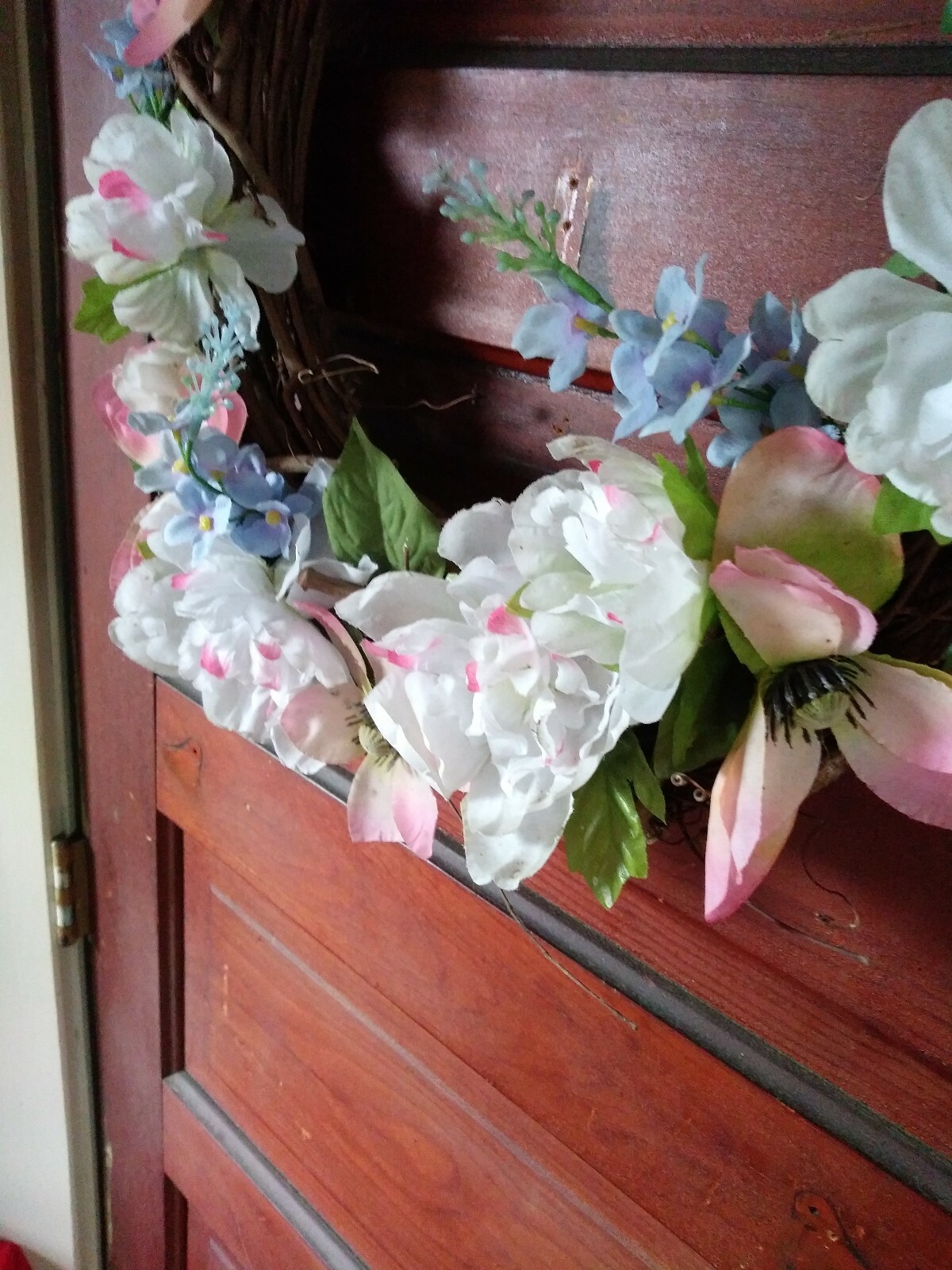 Springtime Pink, White And Blue Flowers W/green Leaves Grapevine Wreath…