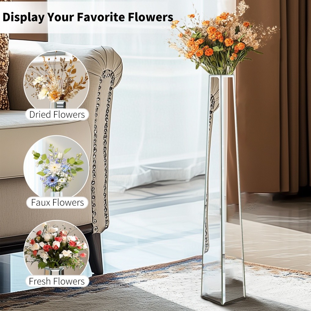 30″ Tall Mirrored Floor Vase Silver Big Vases Home Decorative for Dried Flower