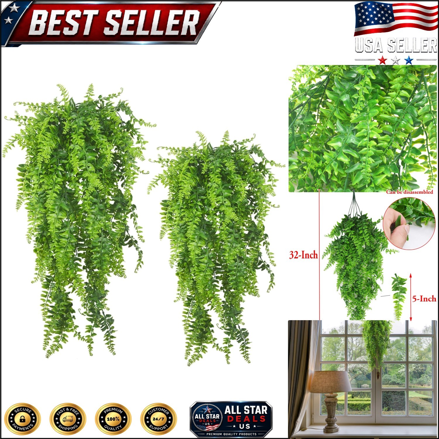 2-Pack UV Resistant Artificial Hanging Ferns – Lush, Low-Maintenance Greenery
