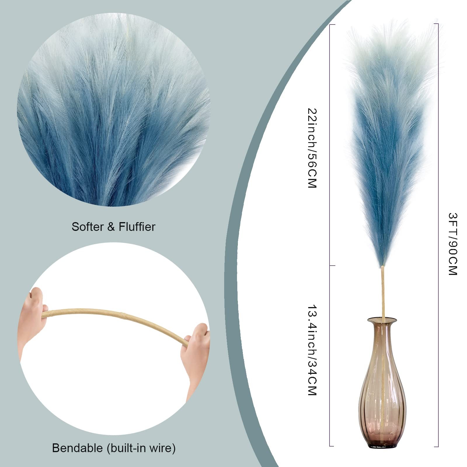 8Pcs 35.4” Blue Colorful Faux Pampas Grass, Fluffy Artificial Bulrush Branche…