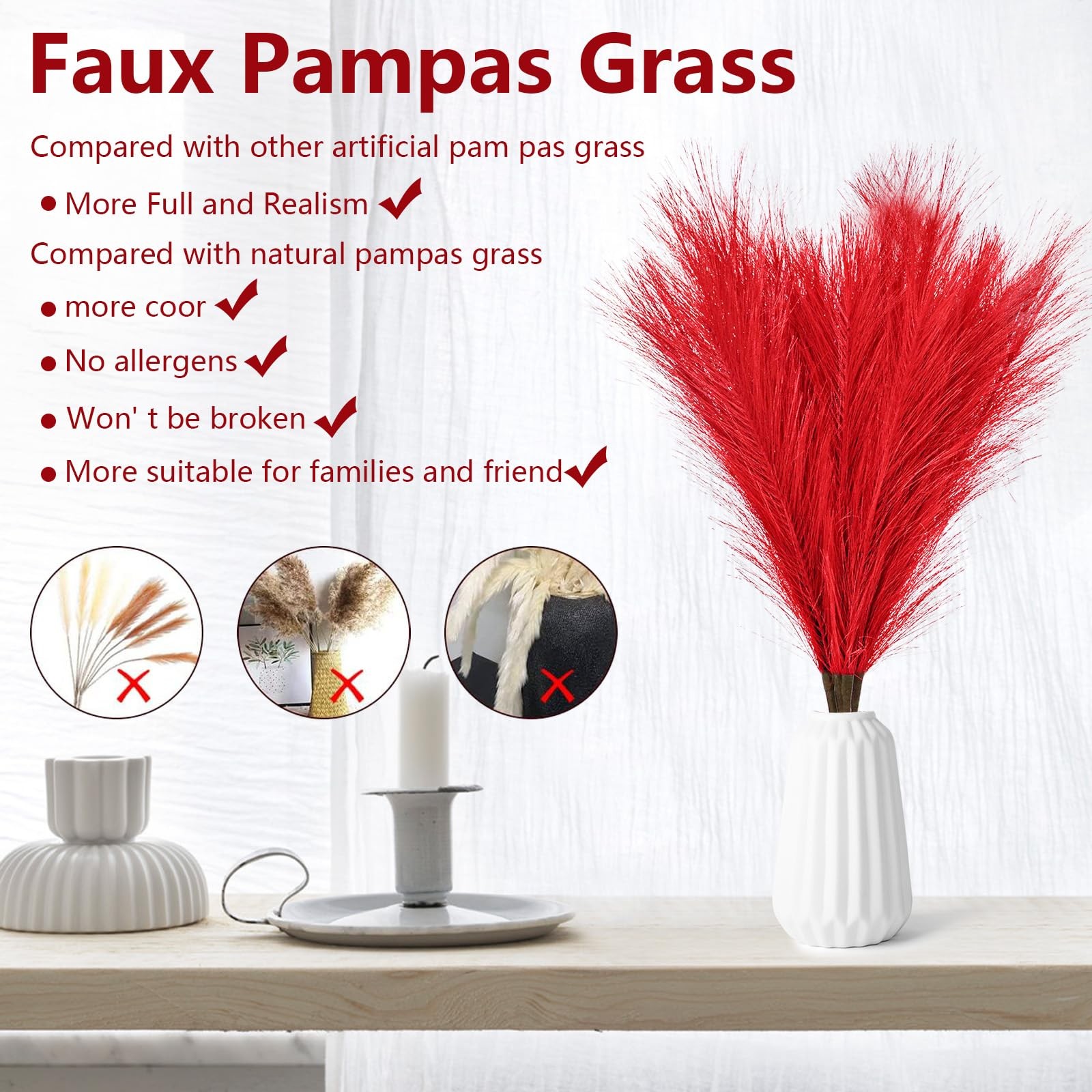 Pampas Grass Tall Fluffy Detachable Faux Bulrush Reed Dark Red Decor 5 PCS