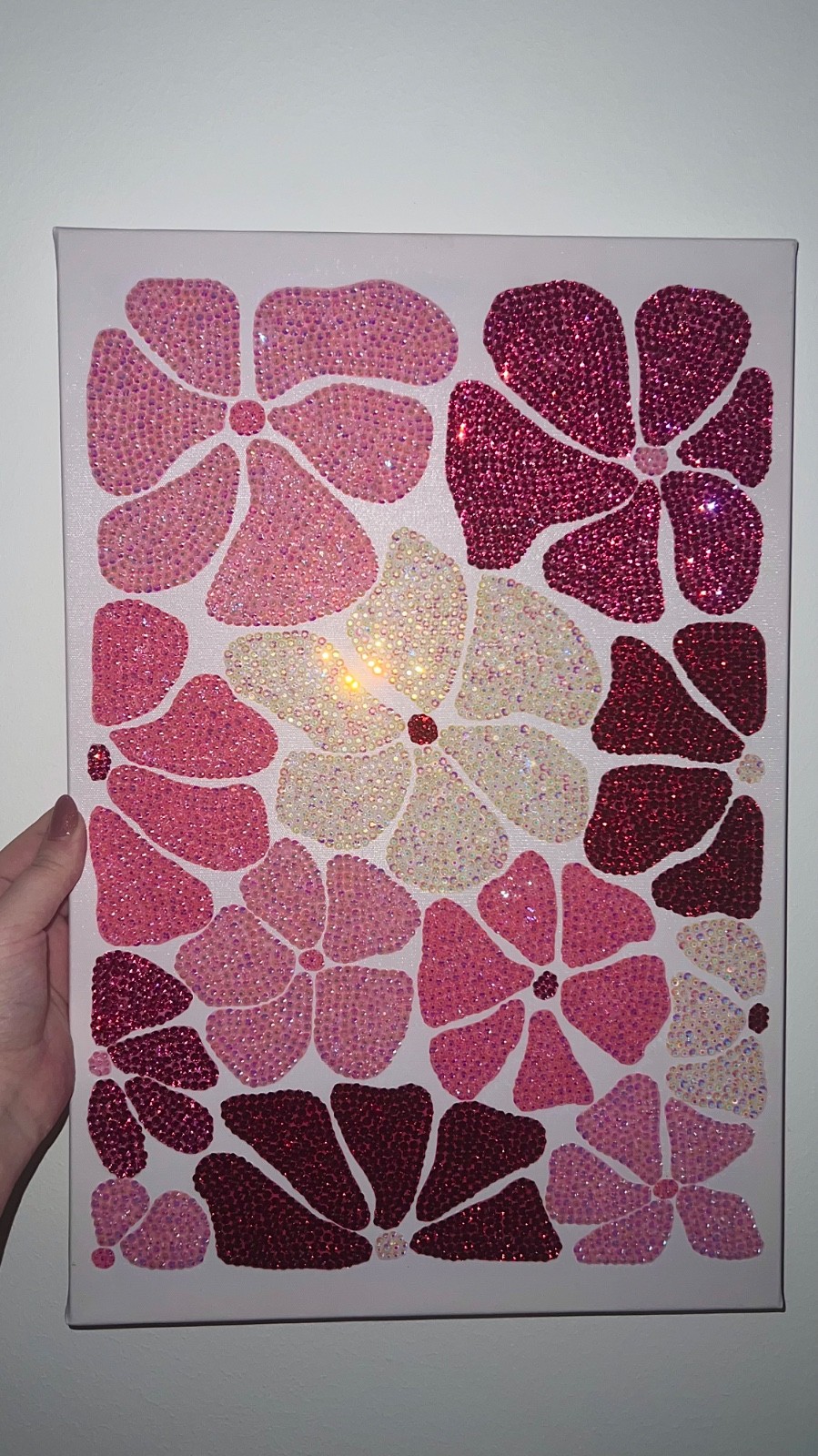 Handmade Bling Flower Wall Art Pink Rhinestone Canvas Luxury Decor 12×18”