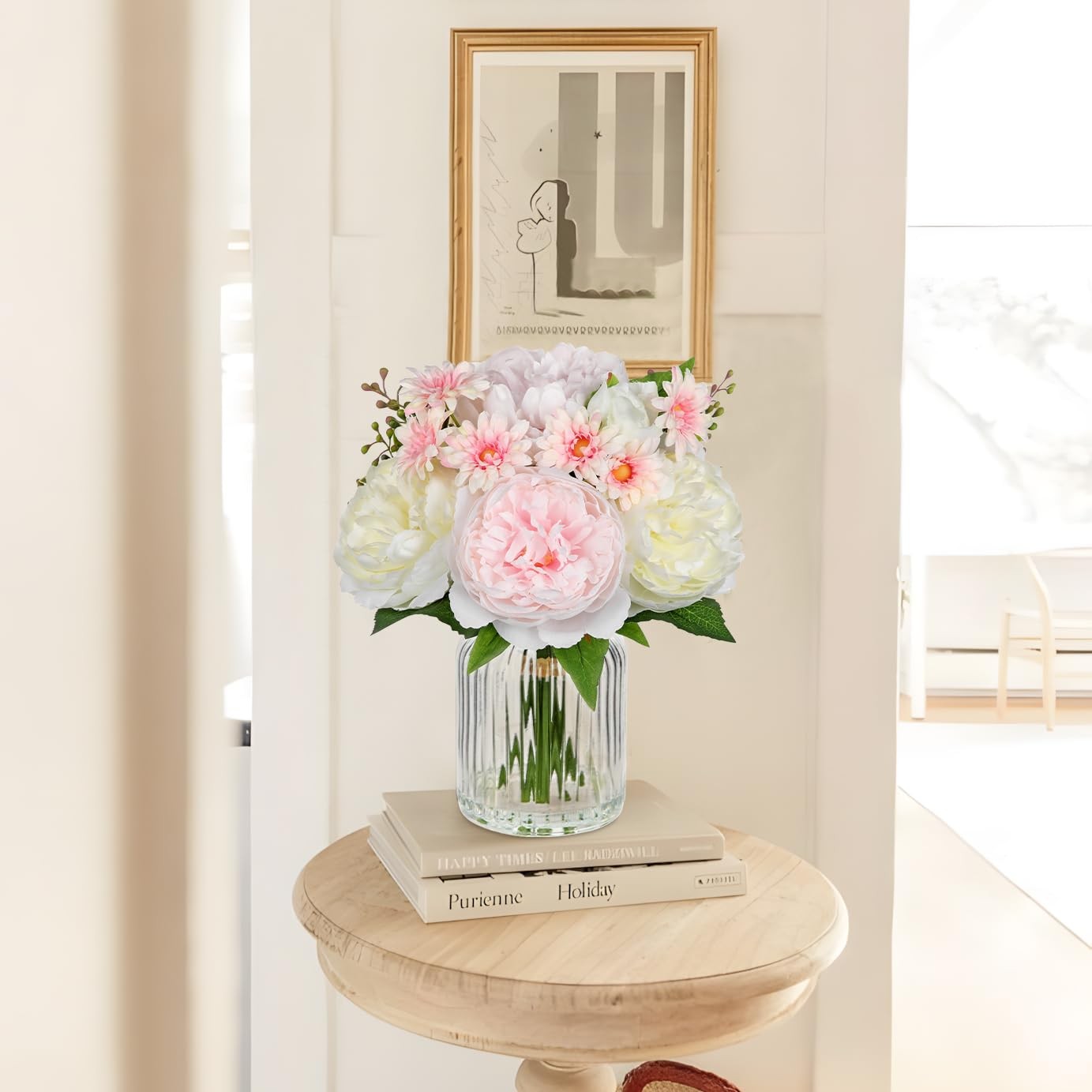Pink Silk Peony Daisy Artificial Flowers In Vase Faux Floral Table Centerpiece