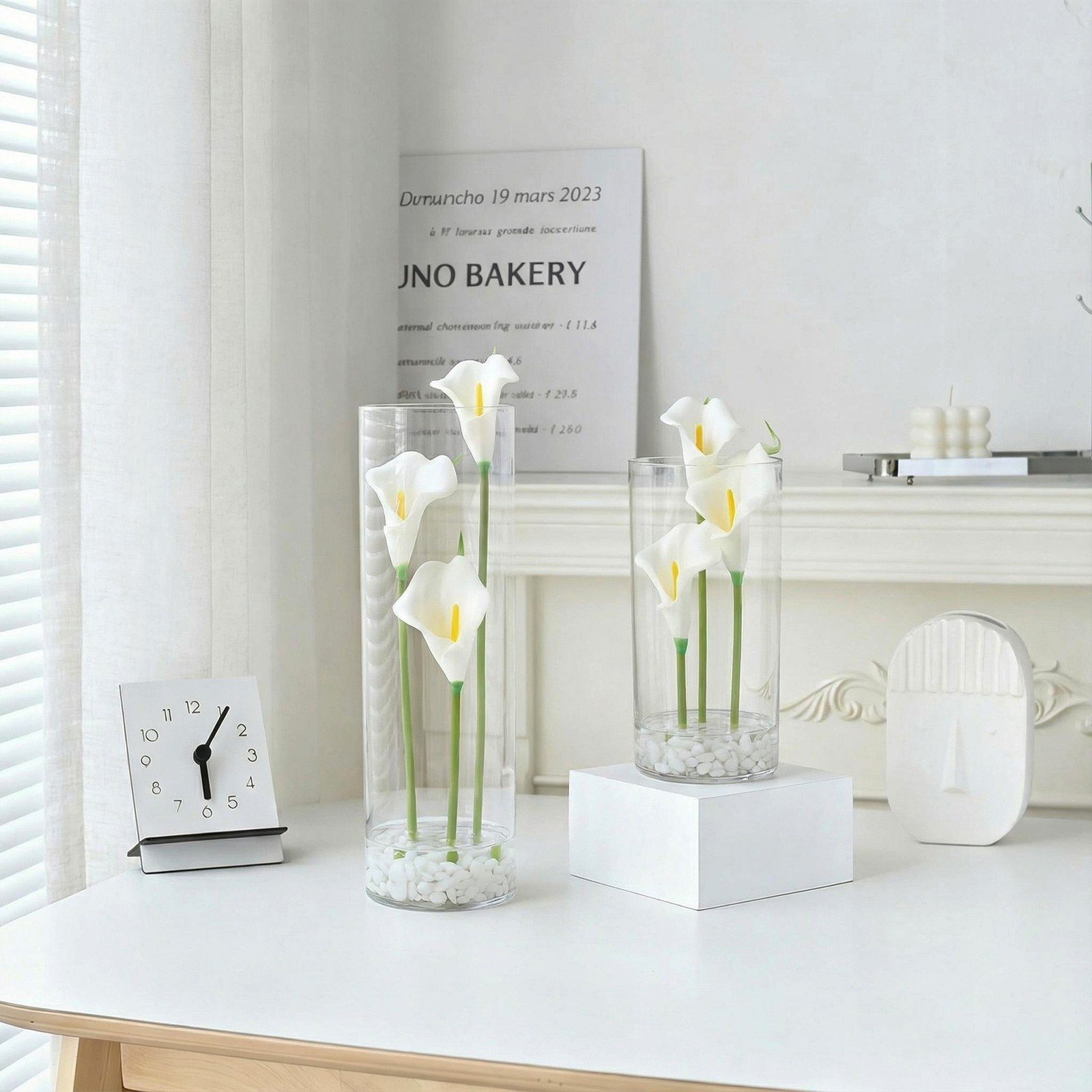 White Calla Lily Centerpiece Set of 3, Acrylic Cylinder Vases with Faux Flowers