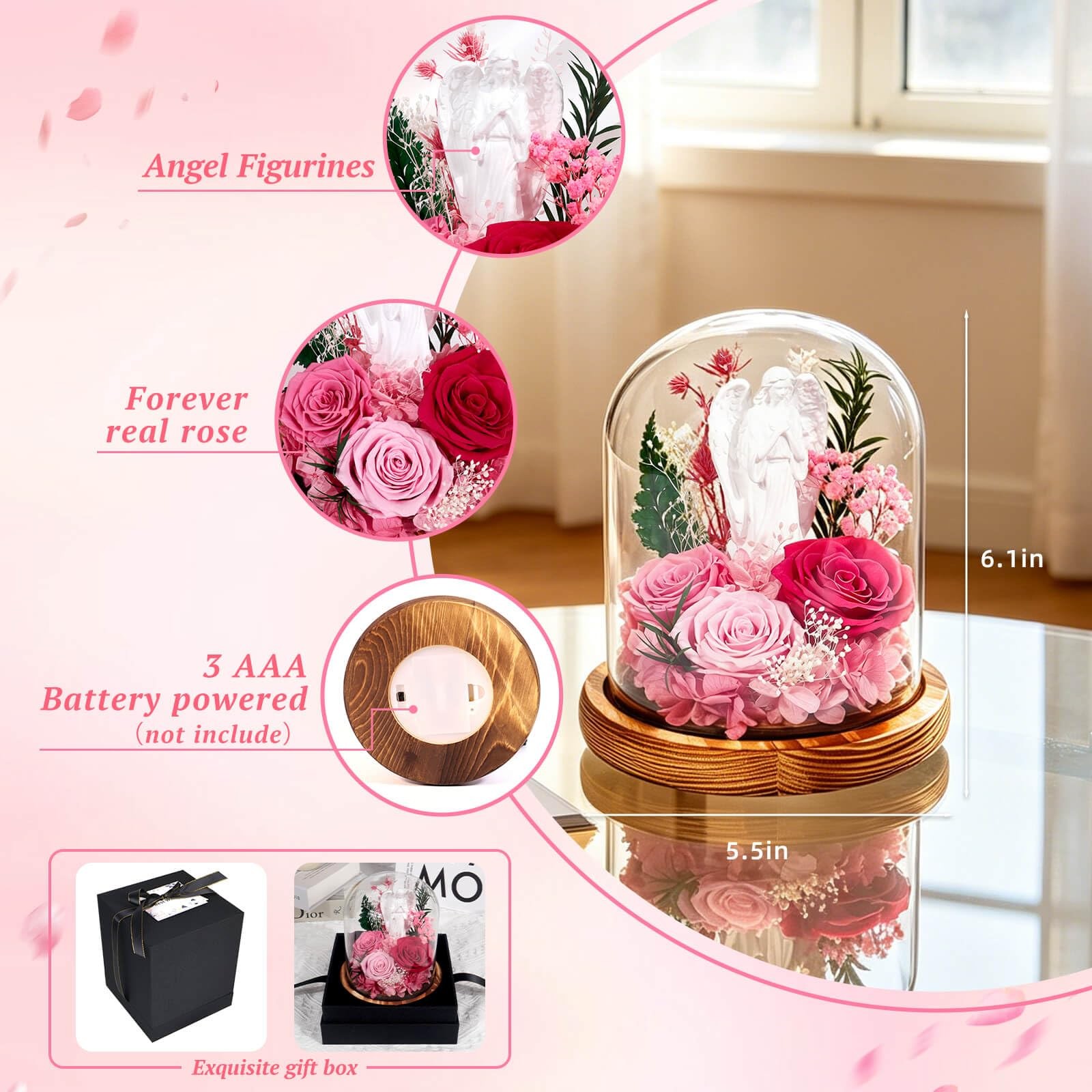 Gifts for Mom, Forever Preserved Real Rose in Glass Dome with Angel Figurine,…