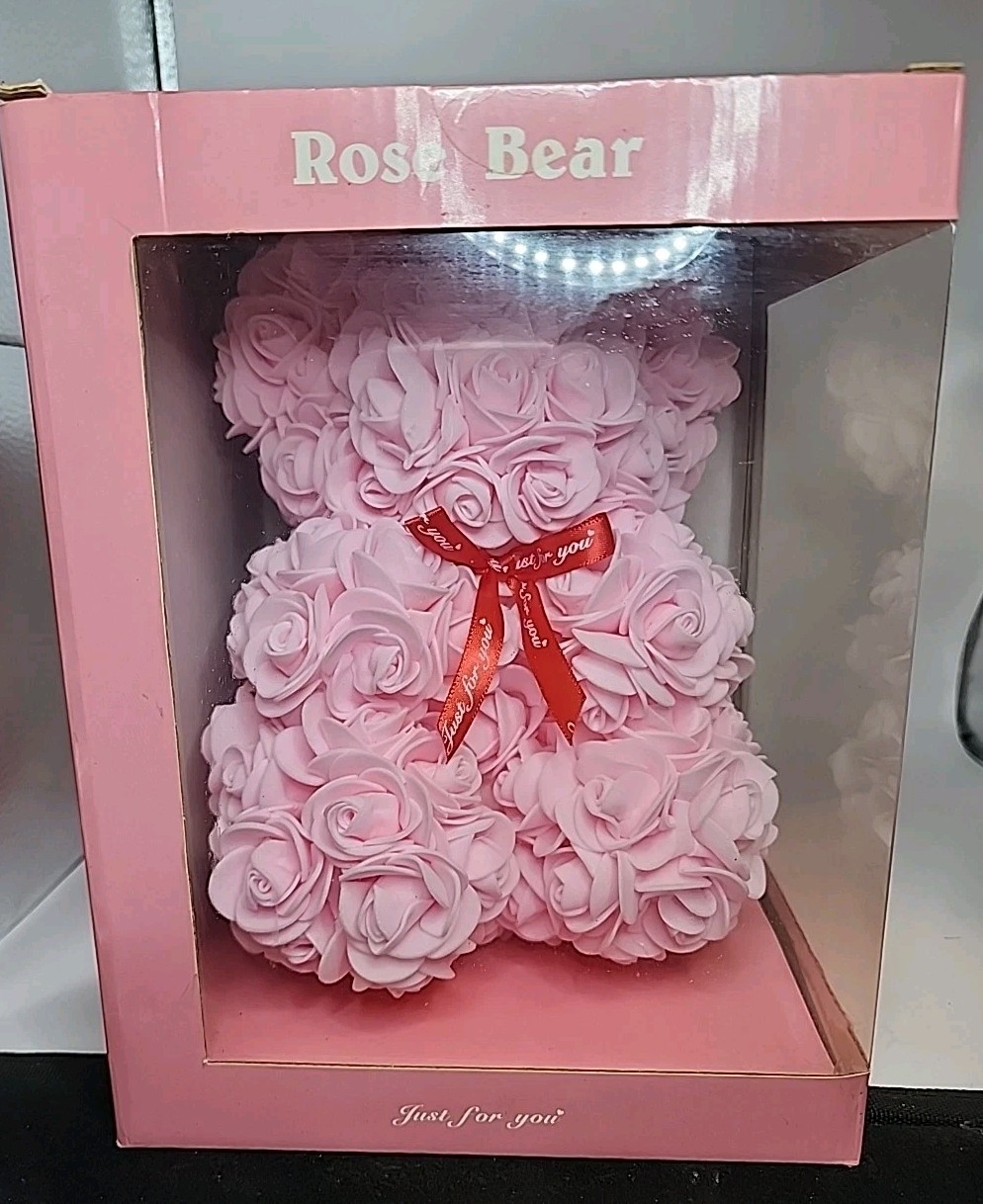 Rose Pink Flower Teddy Bear with Box – Artificial Romantic Gift for Holidays NIB