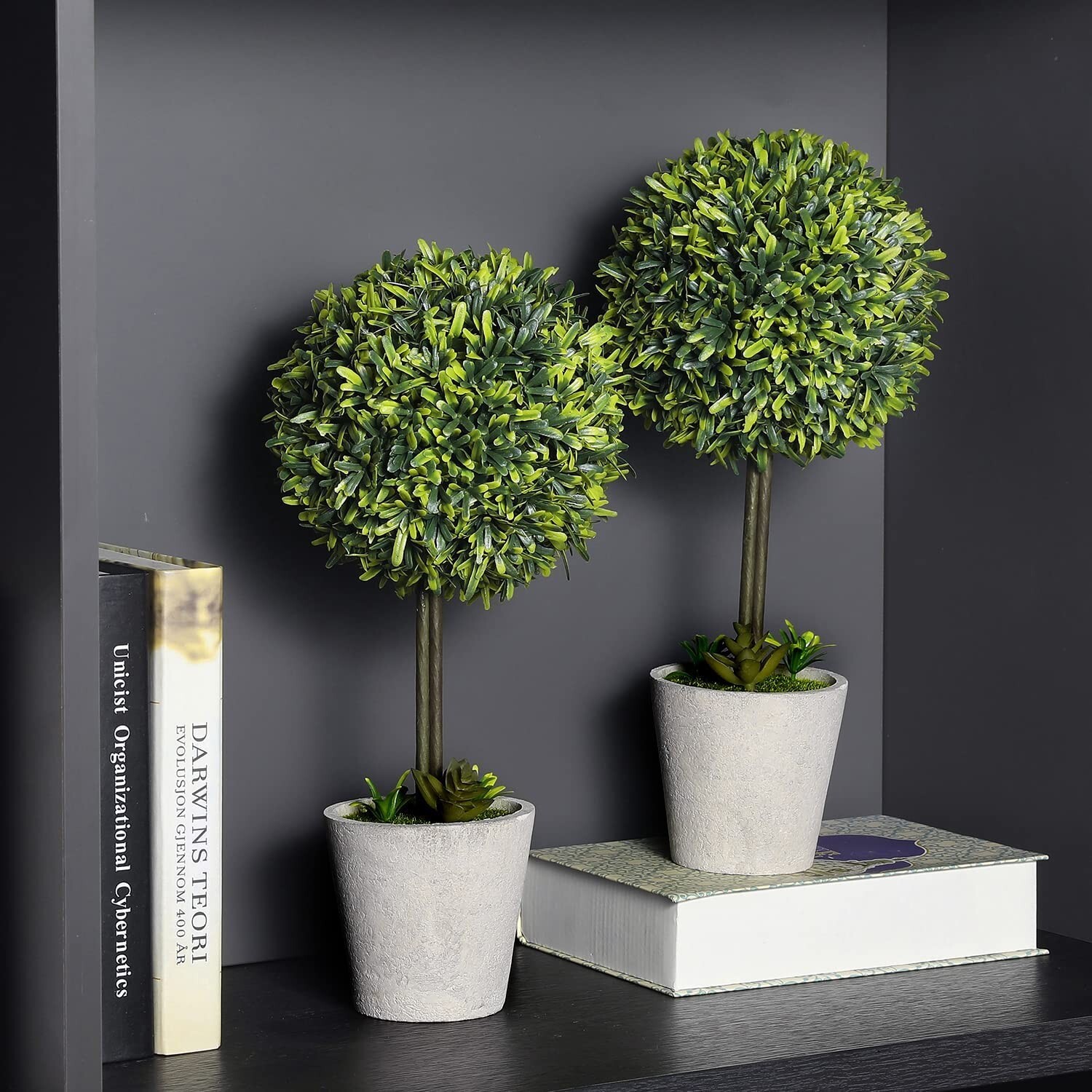 MyGift Artificial Boxwood Topiary Tree in Modern Gray Pulp Planter, Set of 2