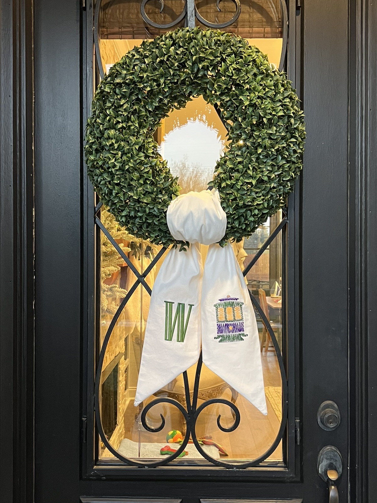 Mardi Gras Custom Wreath Sash, New Orleans Trolly Car with Initial, 6 x 54