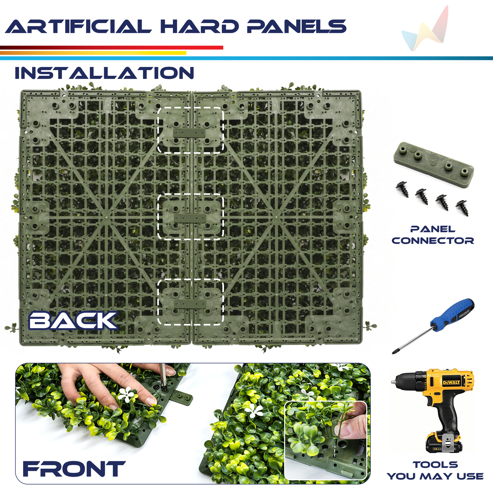 18×12″ Artificial White Flowers Mat Wall Hedge w/ Hard Back Outdoor Grass Panel