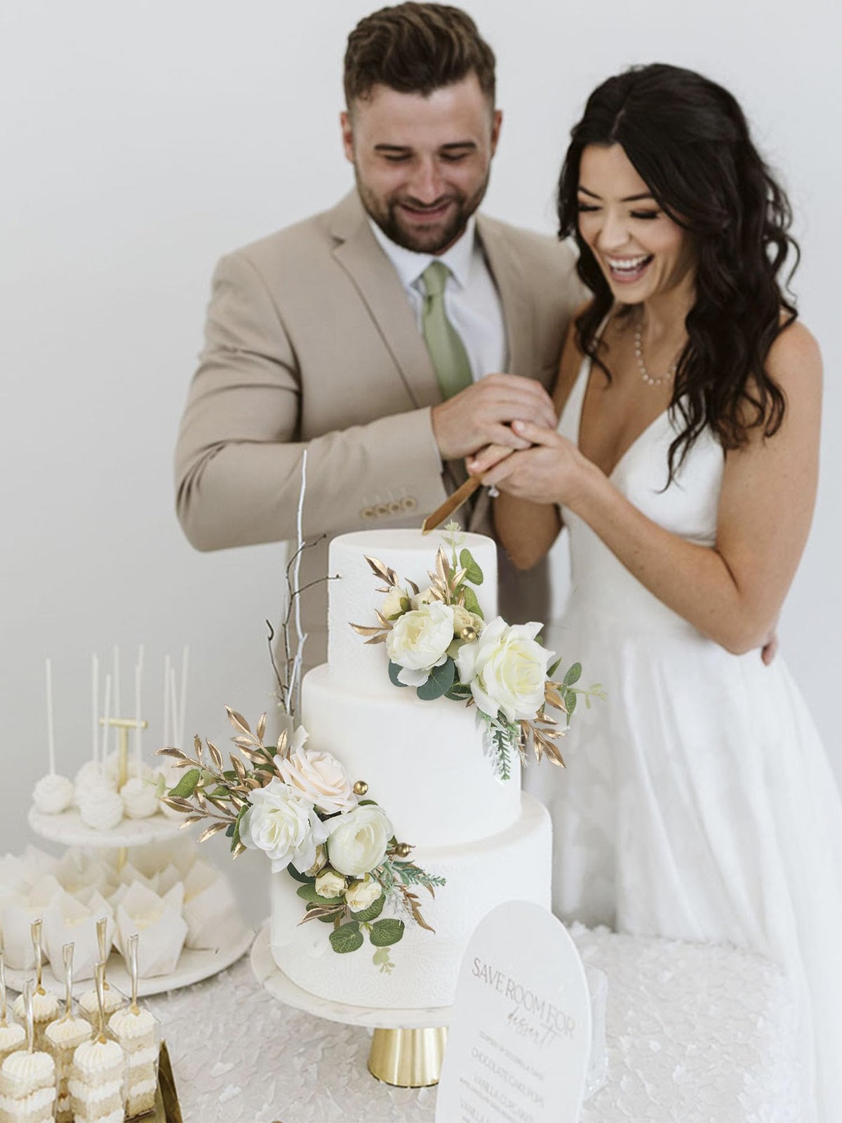 3 Pcs Pre-made Cake Toppers Flowers White Gold Artificial Wedding Decor