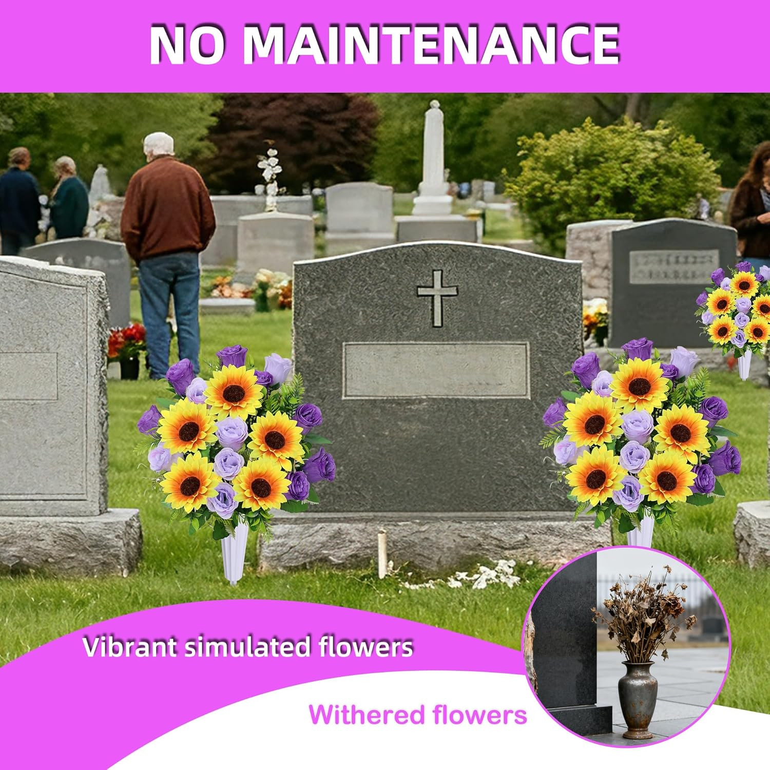 ,Set of 2 Artificial Rose Sunflower Bouquet Graveyard Memorial Flowers for Outdo