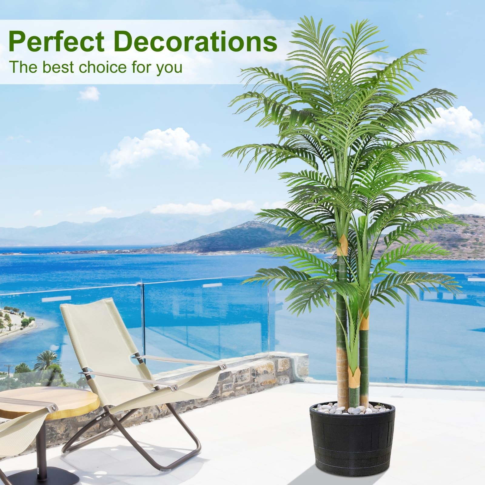 7ft Tall Triple Golden Cane Palm Artificial Tree Large Tropical Palm Tree UV …