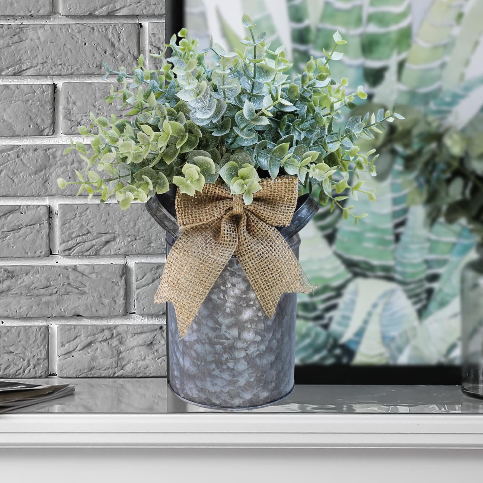 Set of 1 Farmhouse Faux Eucalyptus Arrangement Centerpiece Rustic Galvanized