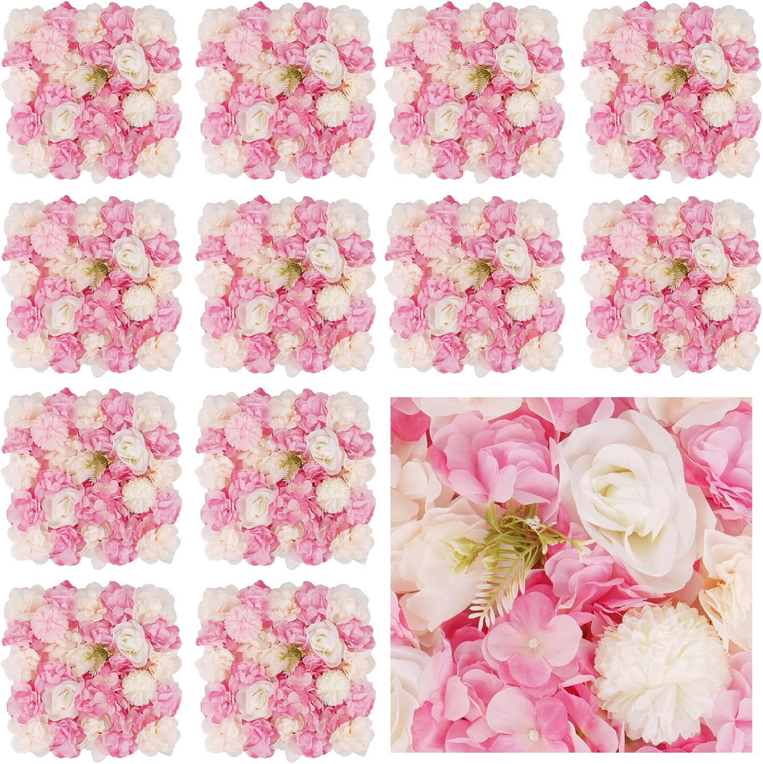 3D Flower Wall Backdrop – 12 Pink & White Silk Rose Panels for Events