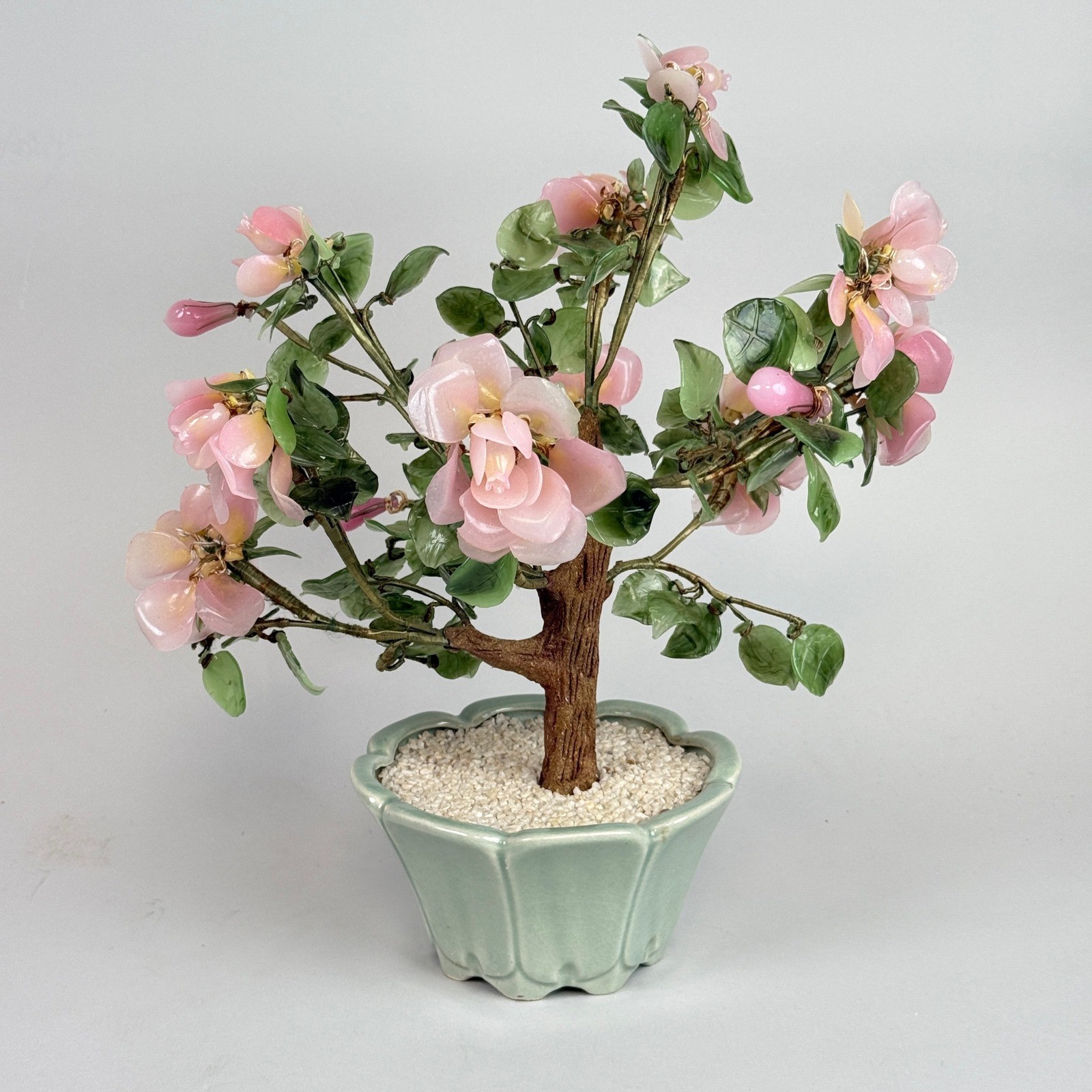 Pink Jade Gemstone Bonsai Tree Flower Arrangement Tabletop Decor 15″