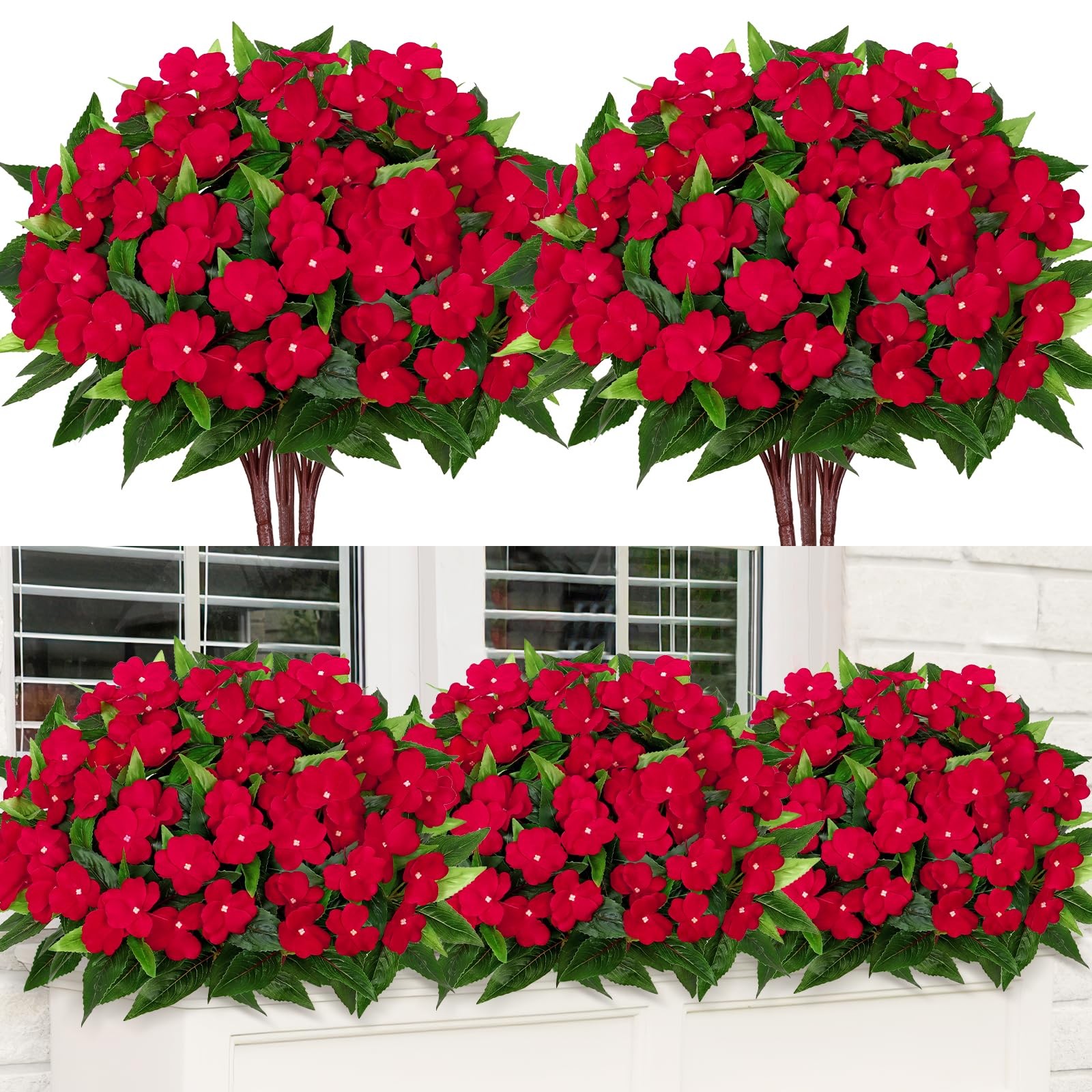 KHOYIME Artificial Flowers for Outdoors 3PCS Red Fake Impatiens Flower Bouque…