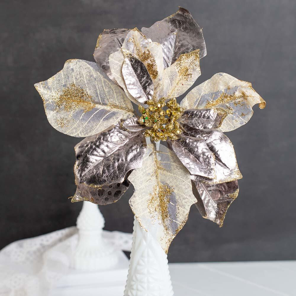 Set of 2 Platinum Sparkling Satin and Mesh Artificial Poinsettia 8″ Picks