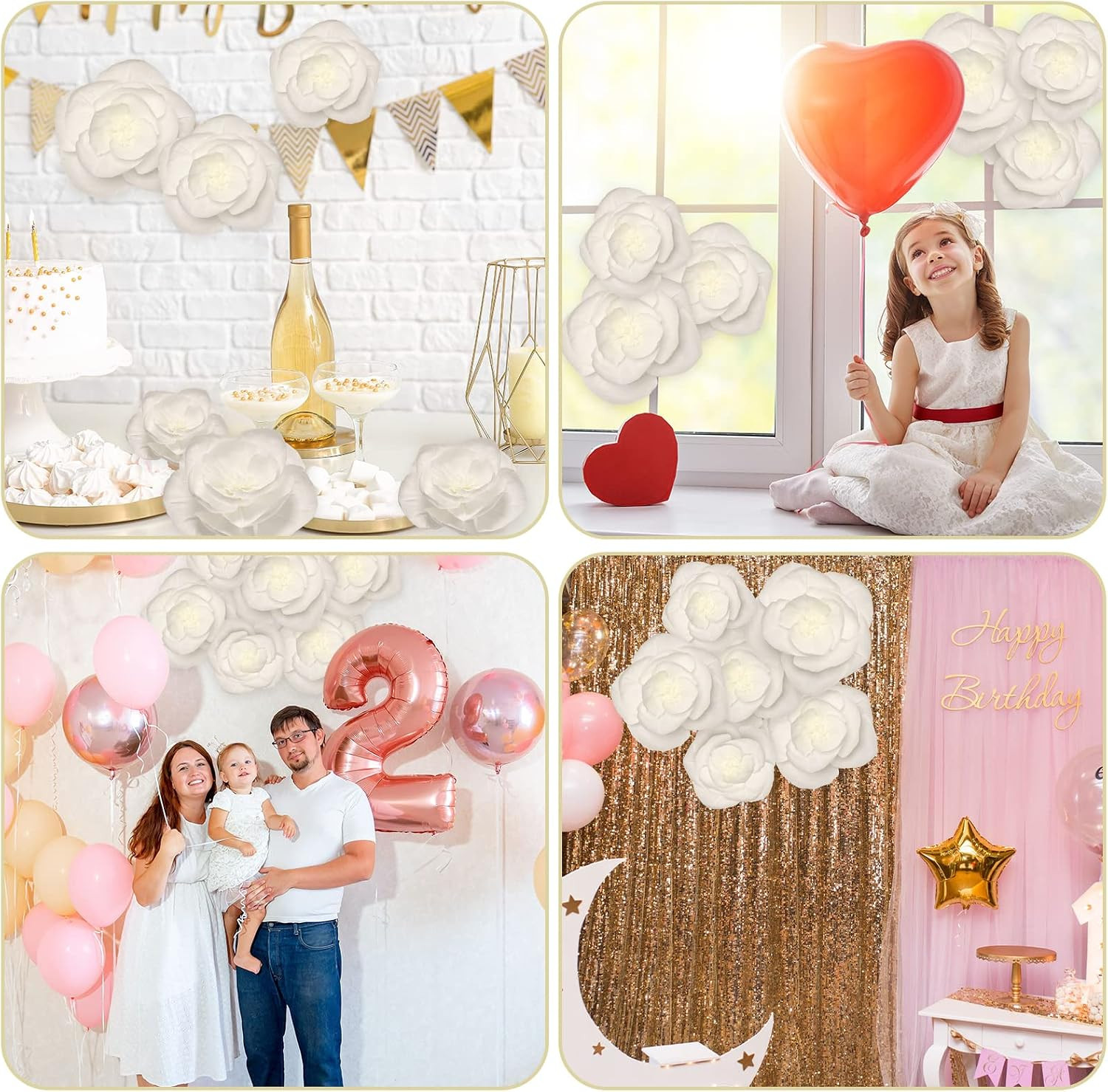 6 Pcs Extra Large Jumbo White Paper Flower Decorations for Wall with 10 Pcs Gel