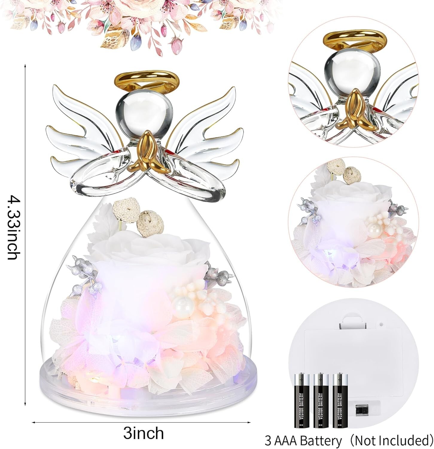 Preserved Flower Rose in Glass Angel Figurines,Mothers Day Rose Gifts for Mom,Bi