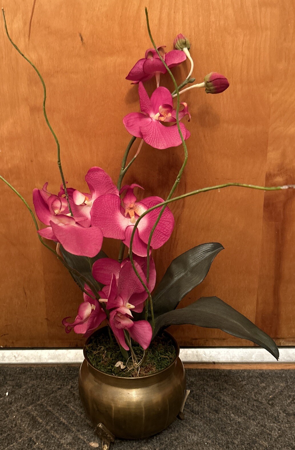 Artificial Orchids In Brass Urn With 3 Feet 20” Tall Darker Colors Due To Light
